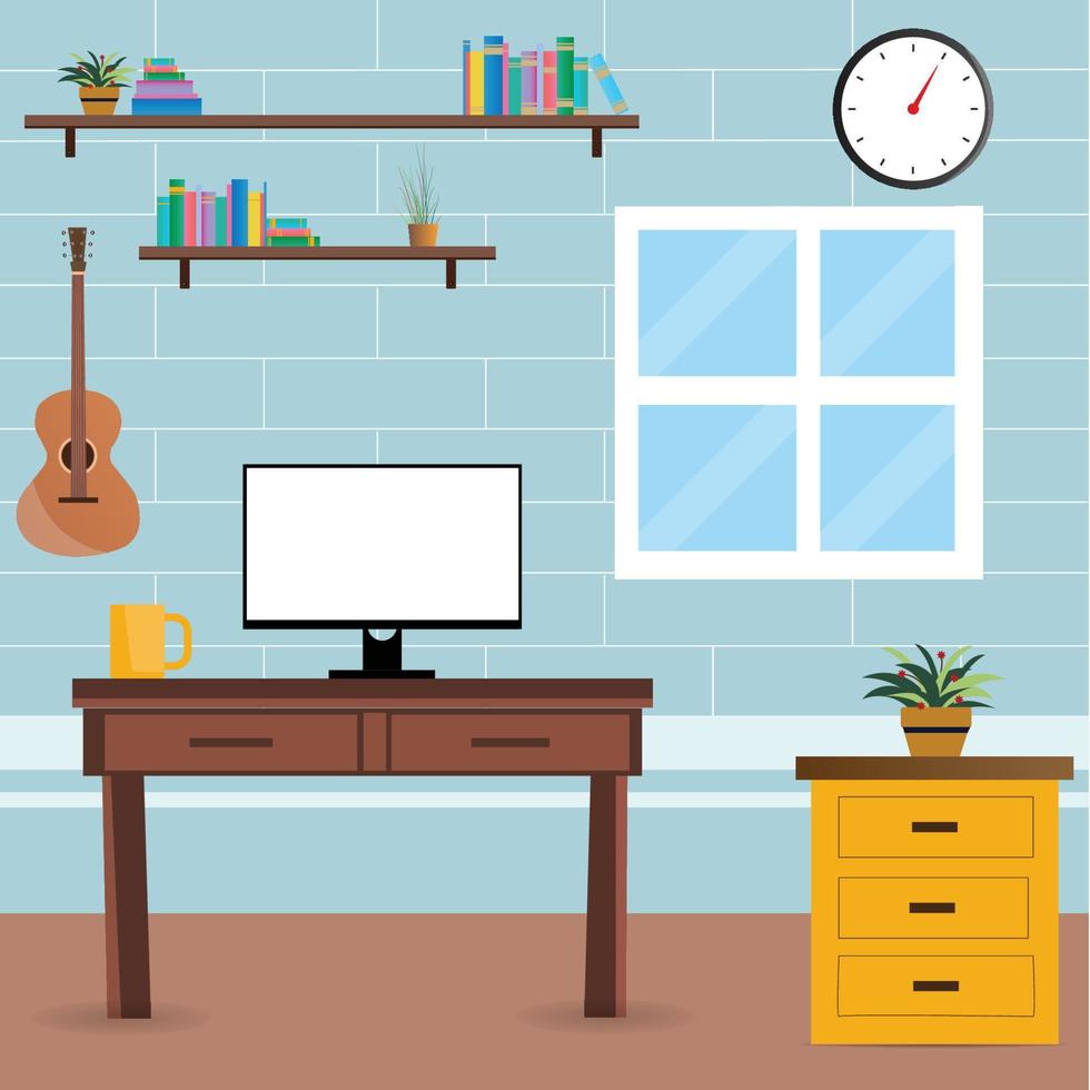 vector dibujos animados ilustración de vacío hogar oficina con estantería, moderno interior con mesa y monitor.