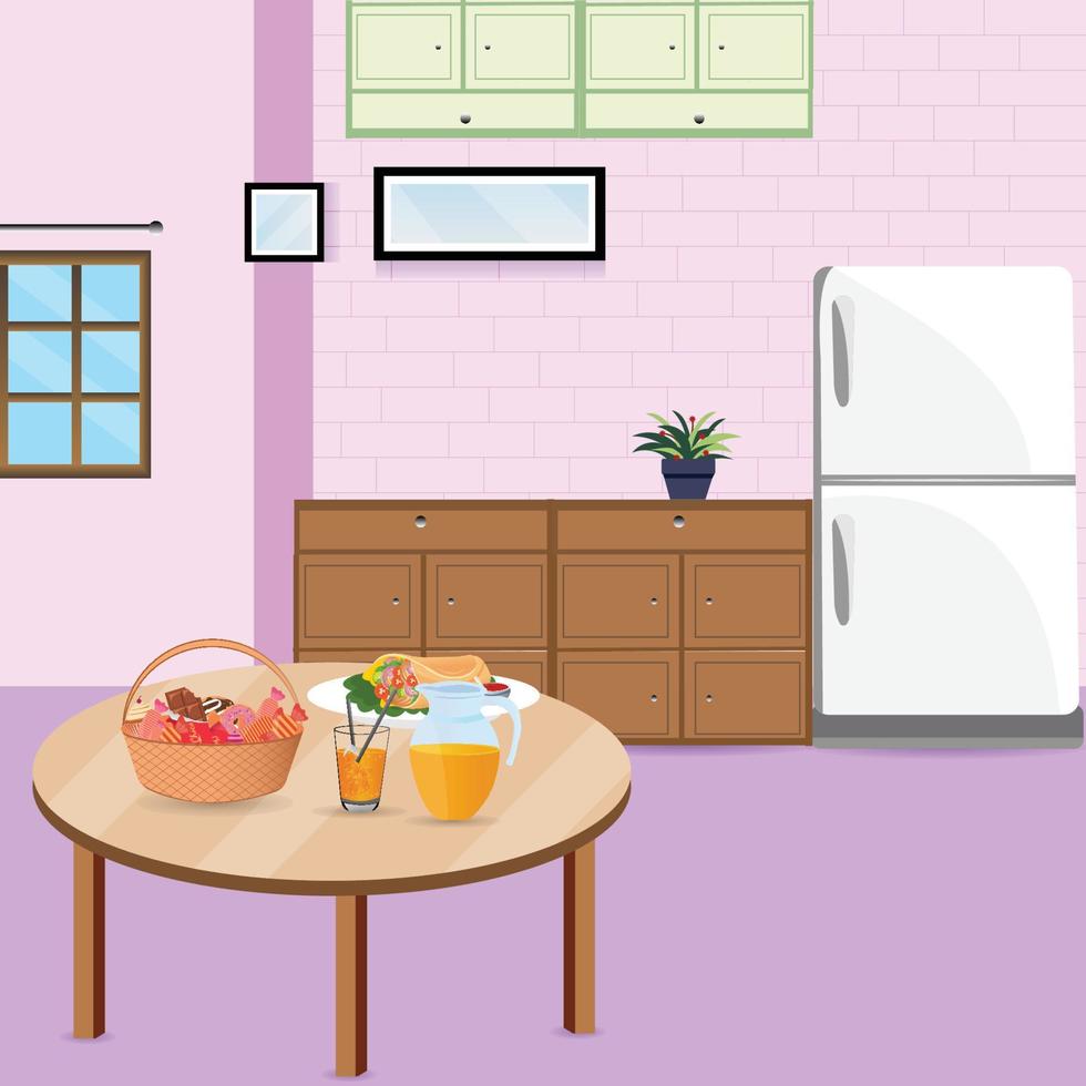 comida habitación interior vector ilustración con mueble.