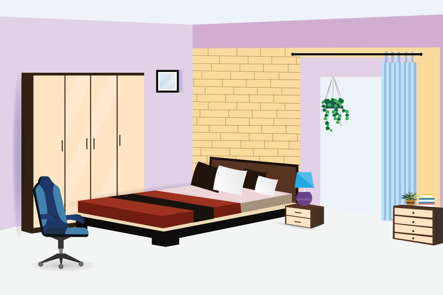 Bedroom interior room and furniture vector illustration.