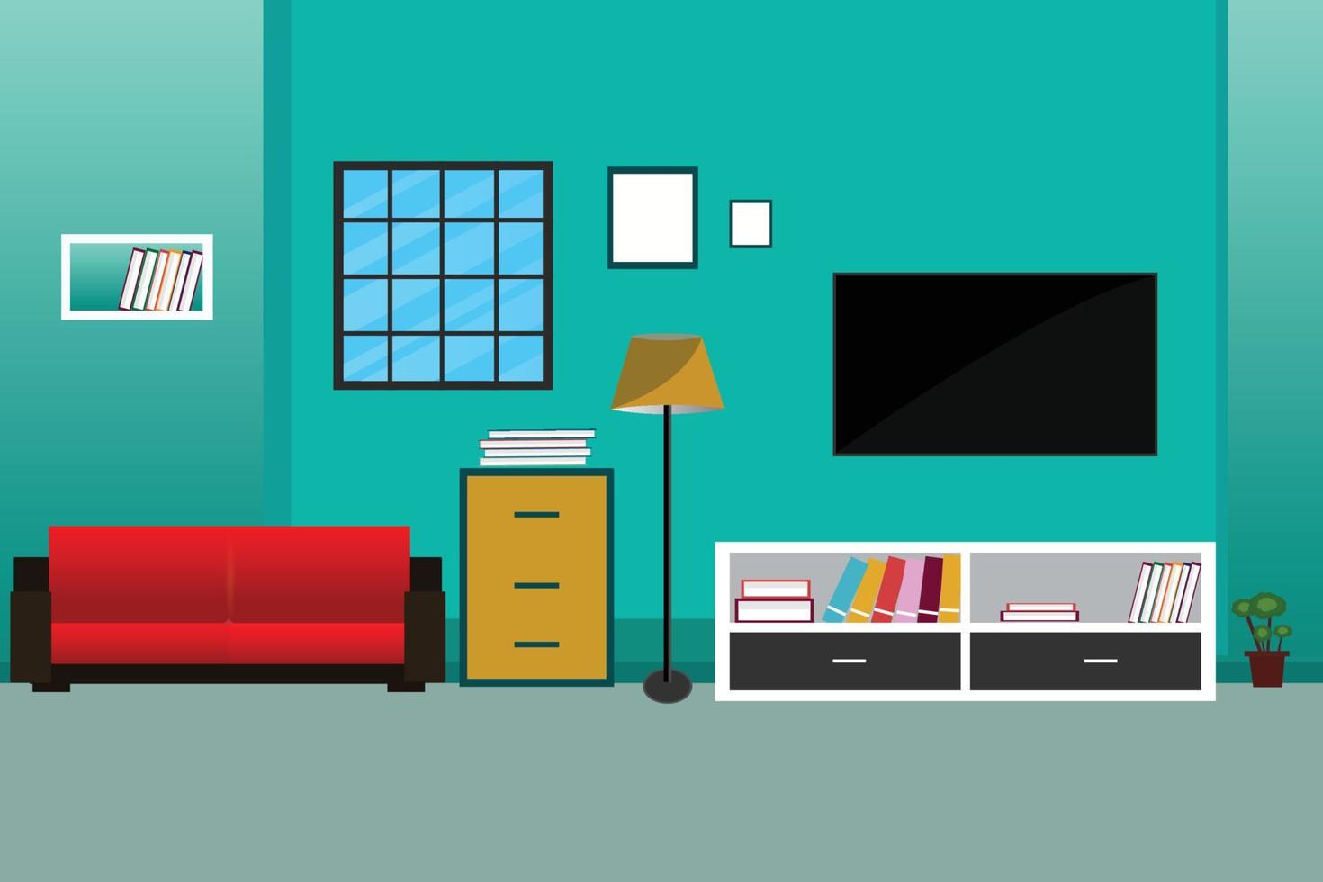 The living room is decorated with a tv near the window, sofa vector