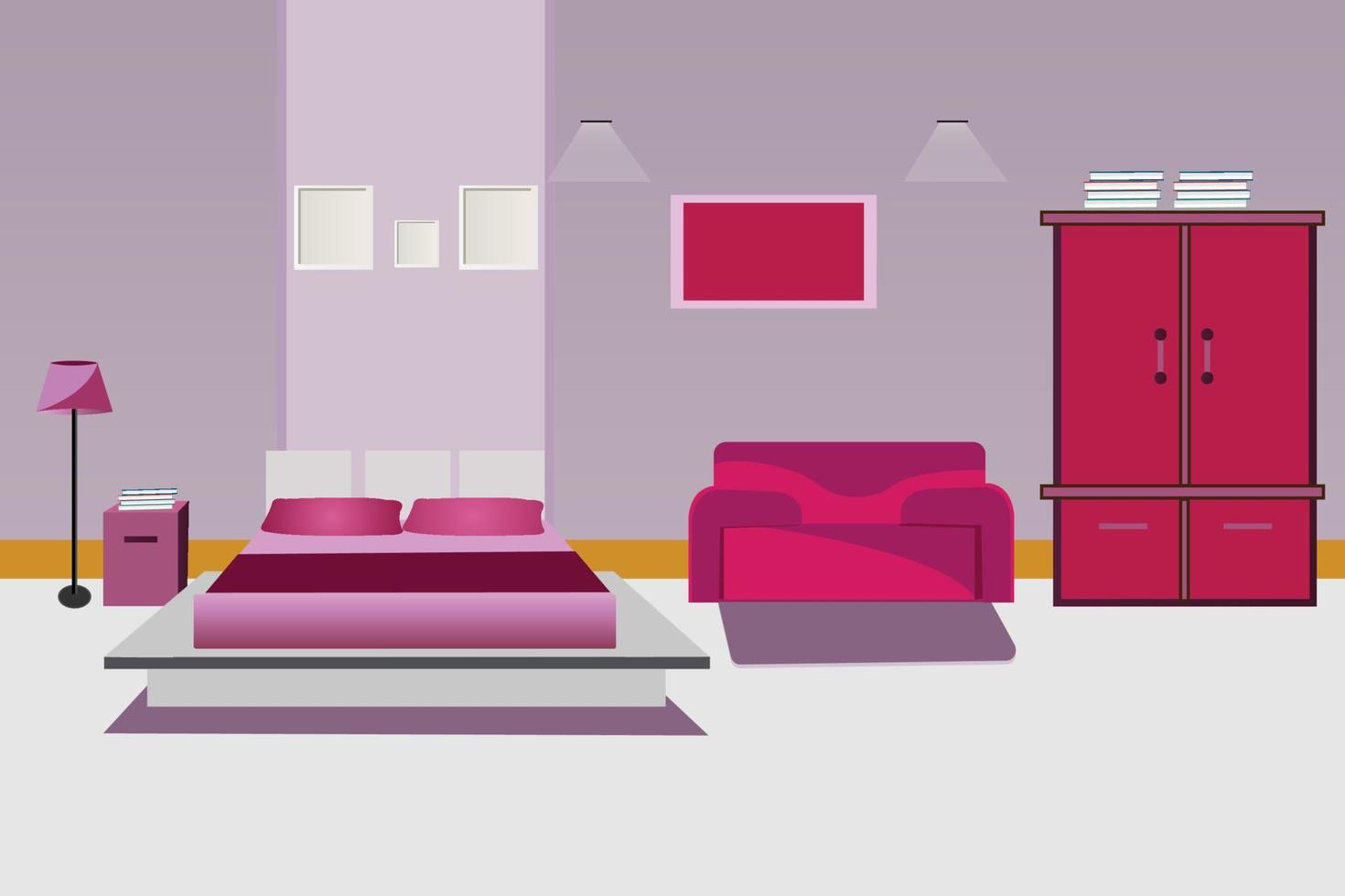 Bedroom interior room and furniture vector illustration.