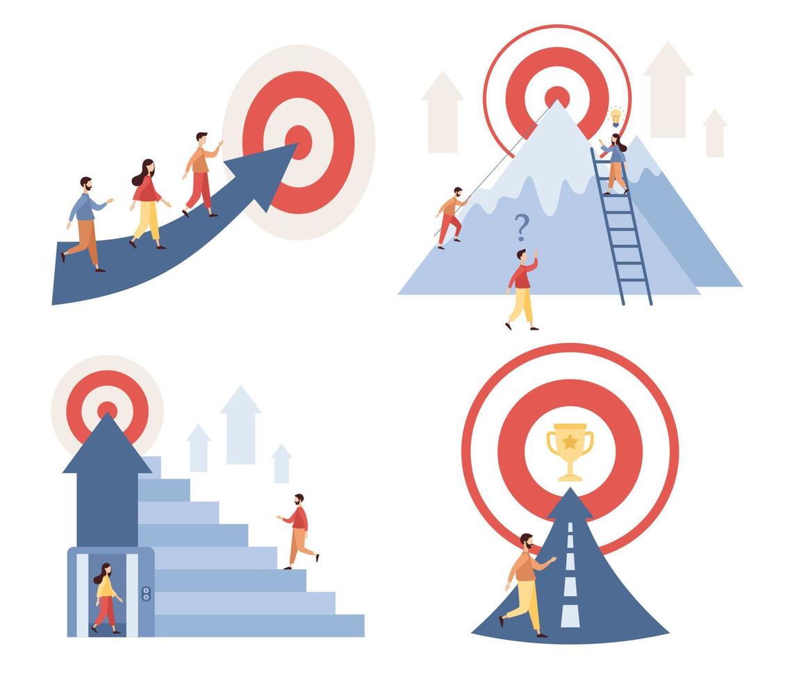 Path the goal icon set. Efforts to achieve target. Success Route, Perseverance, Challenge, Career and personal growth. Business concept. Vector flat illustration