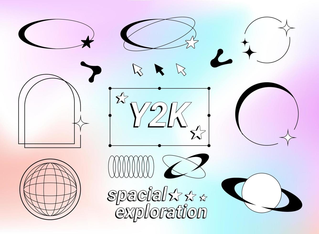 colección de y2k vector estético elementos, marcos, formas y gráficos en un degradado cromo antecedentes