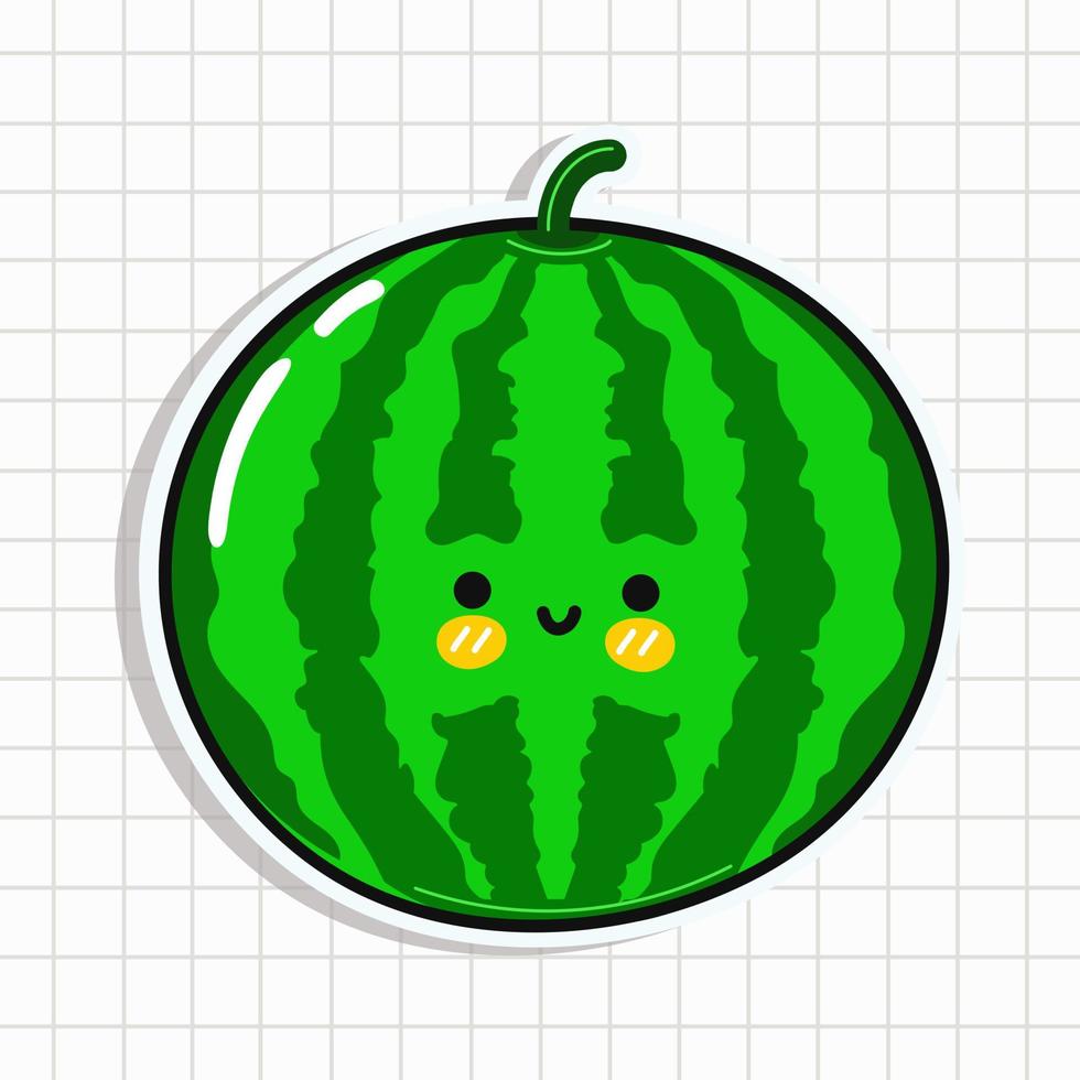 Cute funny watermelon sticker. Vector hand drawn cartoon kawaii character illustration icon. Isolated on blue background. Watermelon character concept