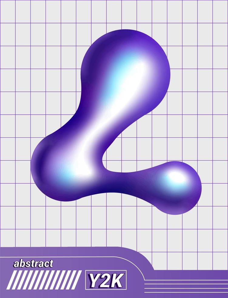 Y2K abstract wavy element, glossy object on a grid background, retro vector vertical poster.