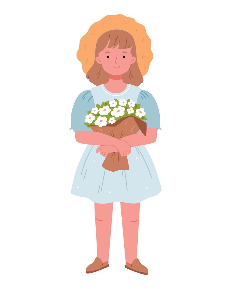 un niña en un Paja sombrero con un ramo de flores de primavera cartel de flores, imprimir, jardín concepto.mano dibujado plano ilustración. vector