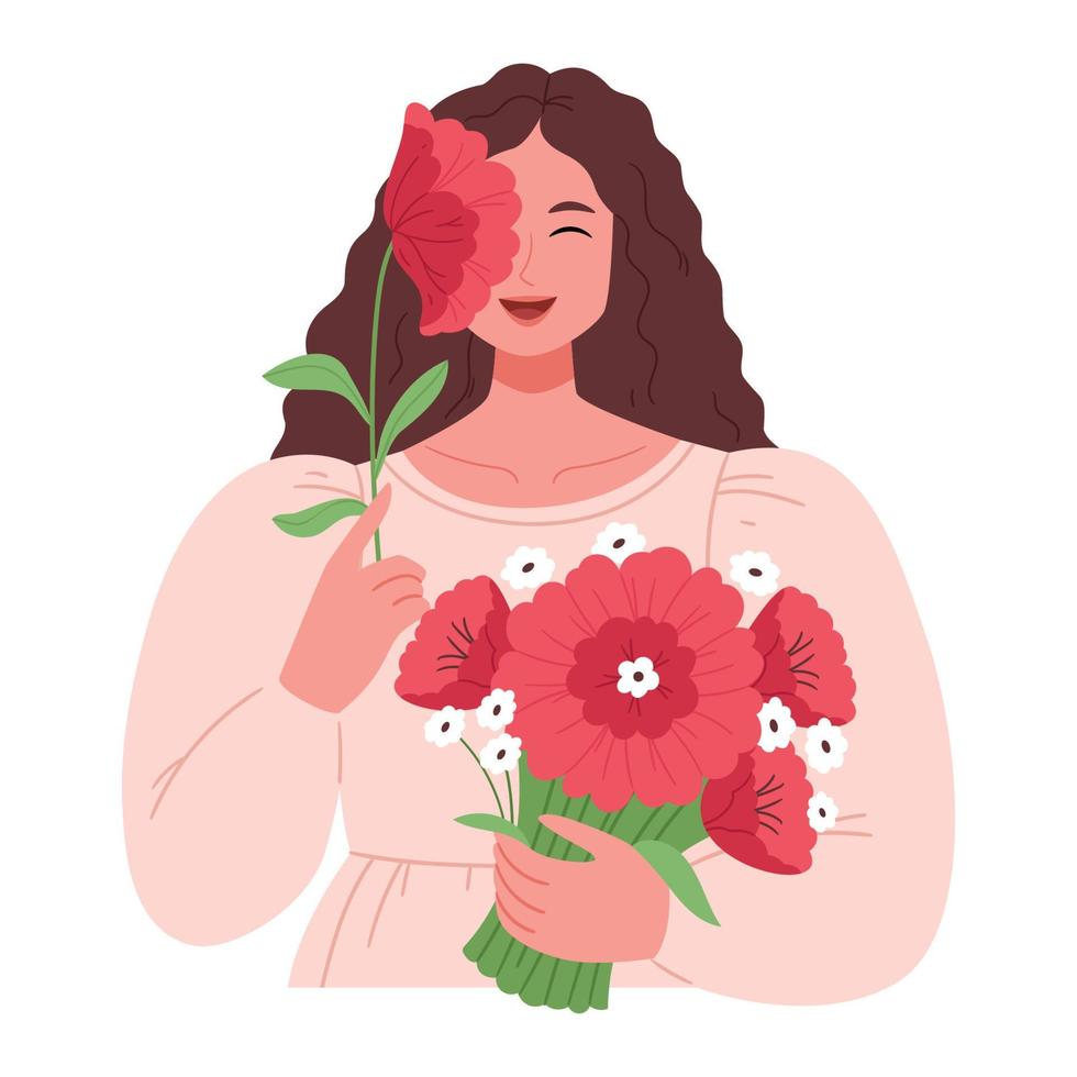 niña con un ramo de flores de rojo flores ella cubierto su cara con un flor. primavera ilustración. mano dibujado plano ilustración. vector