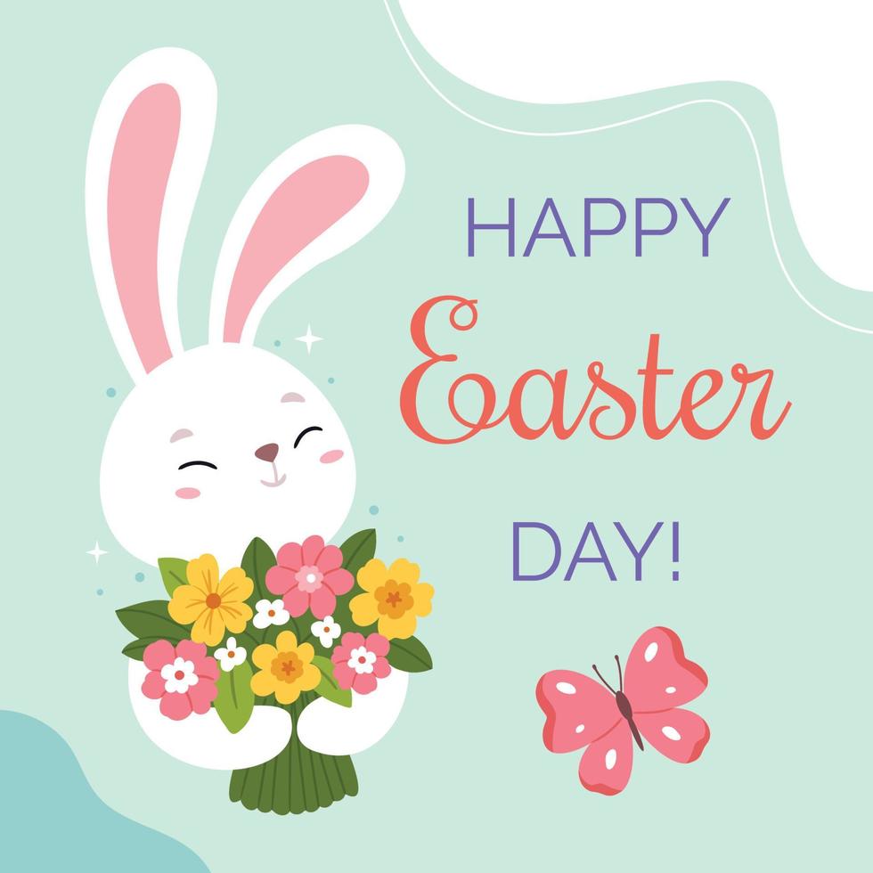 Easter Bunny is holding a spring bouquet. Easter card. Happy easter. Cute spring illustration. vector
