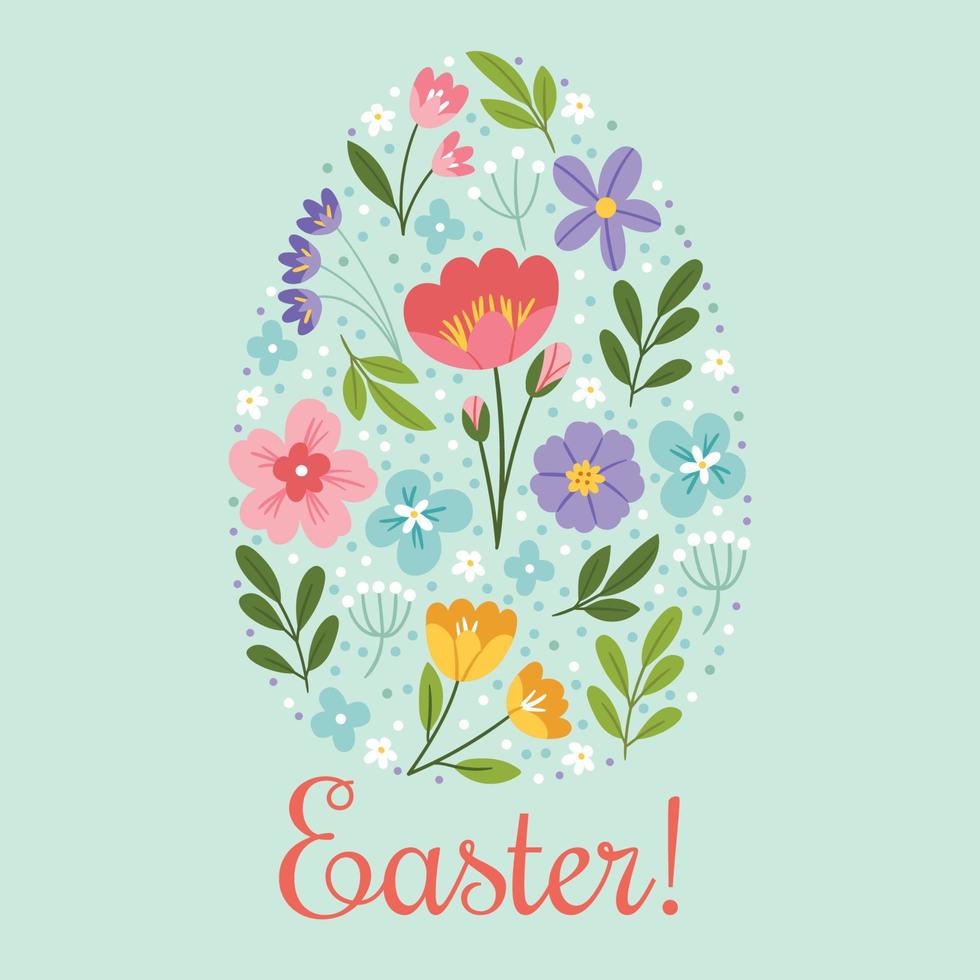 Spring flowers on an Easter egg.Easter card. Happy easter. Cute spring illustration. vector