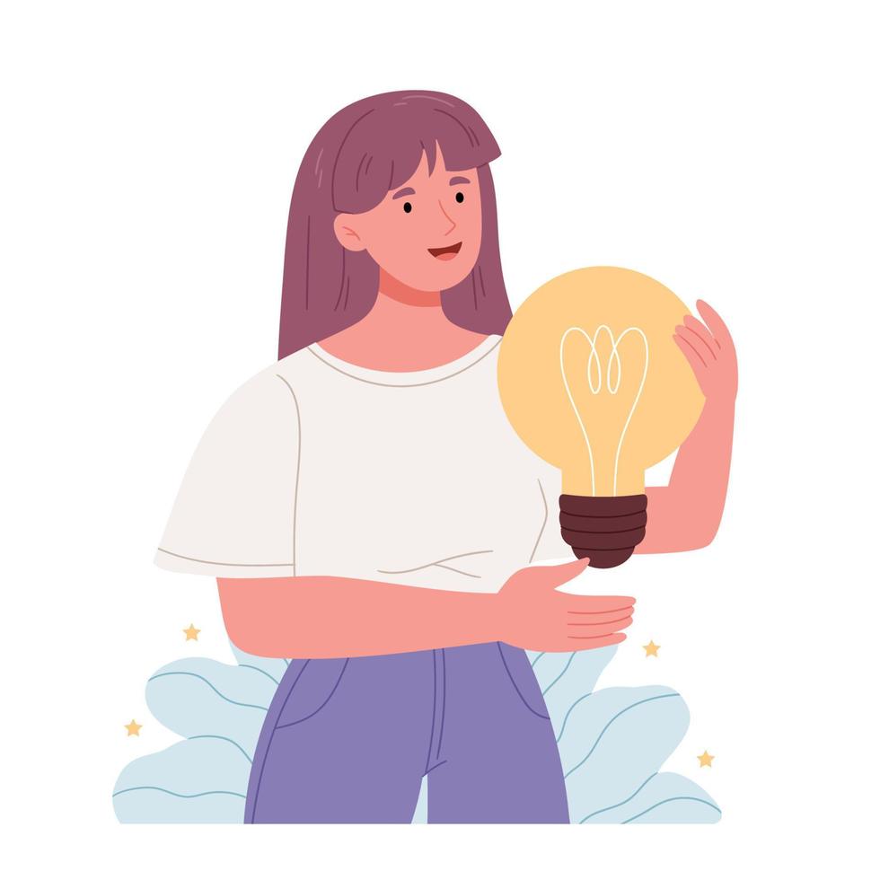 Idea concept.Brainstorming.Hipster girl holding light bulb.Flat.Hand drawn style. vector