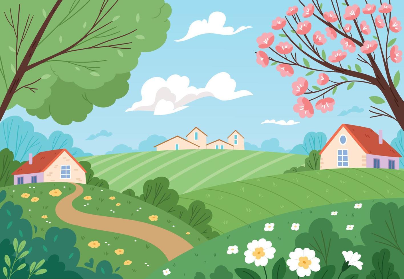 Flat Spring landscape. Rural landscape with blooming trees and fields. Cute houses under the clouds. Minimalism. vector
