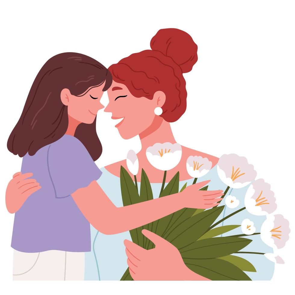 Daughter gives mother a bouquet.Mother's day.Flat.Hand style. vector