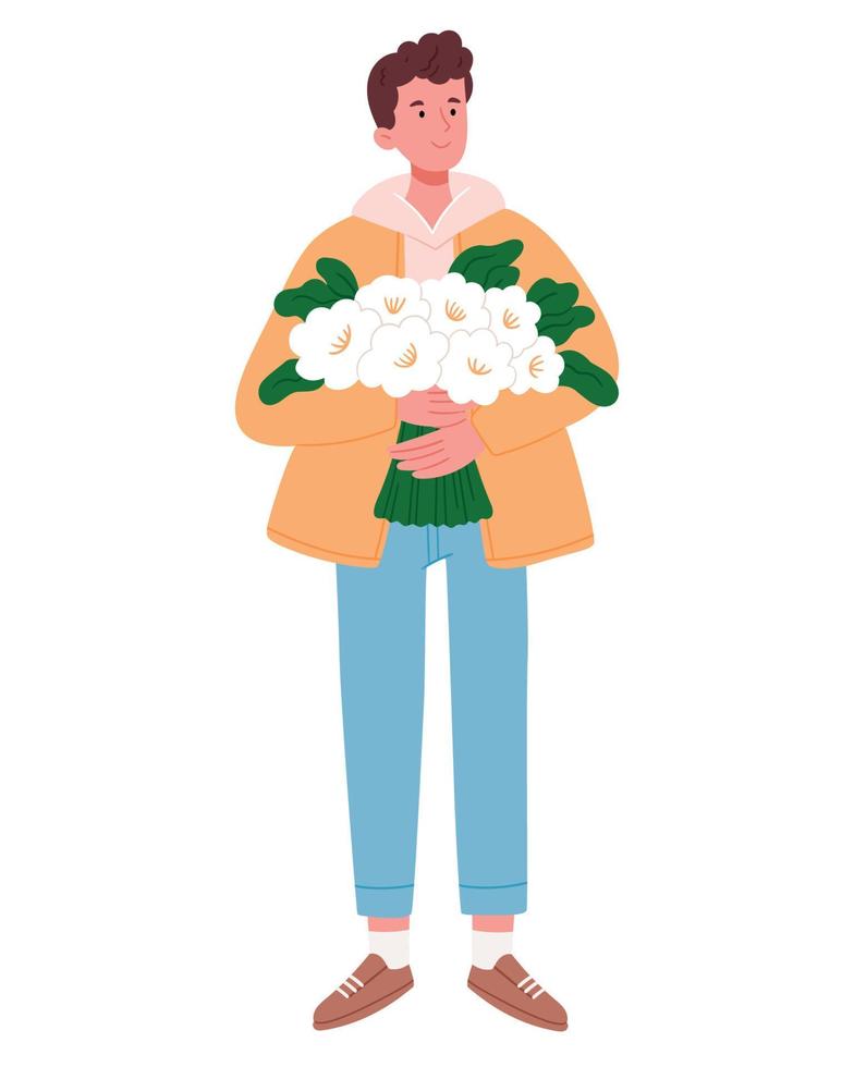 Stylish casual guy holding a bouquet of flowers.Hand drawn flat illustration. vector