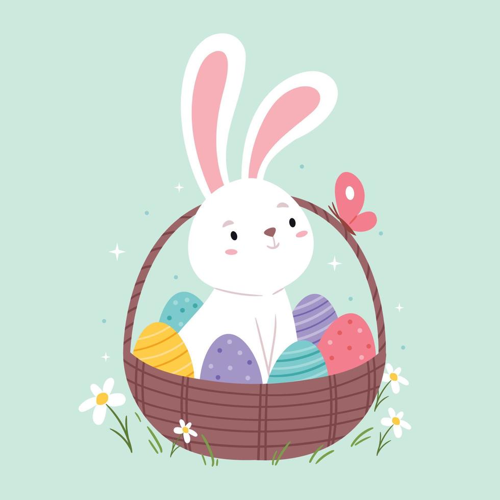 The Easter Bunny sits in an Easter basket with eggs. Easter card. Happy easter. Cute spring illustration. vector