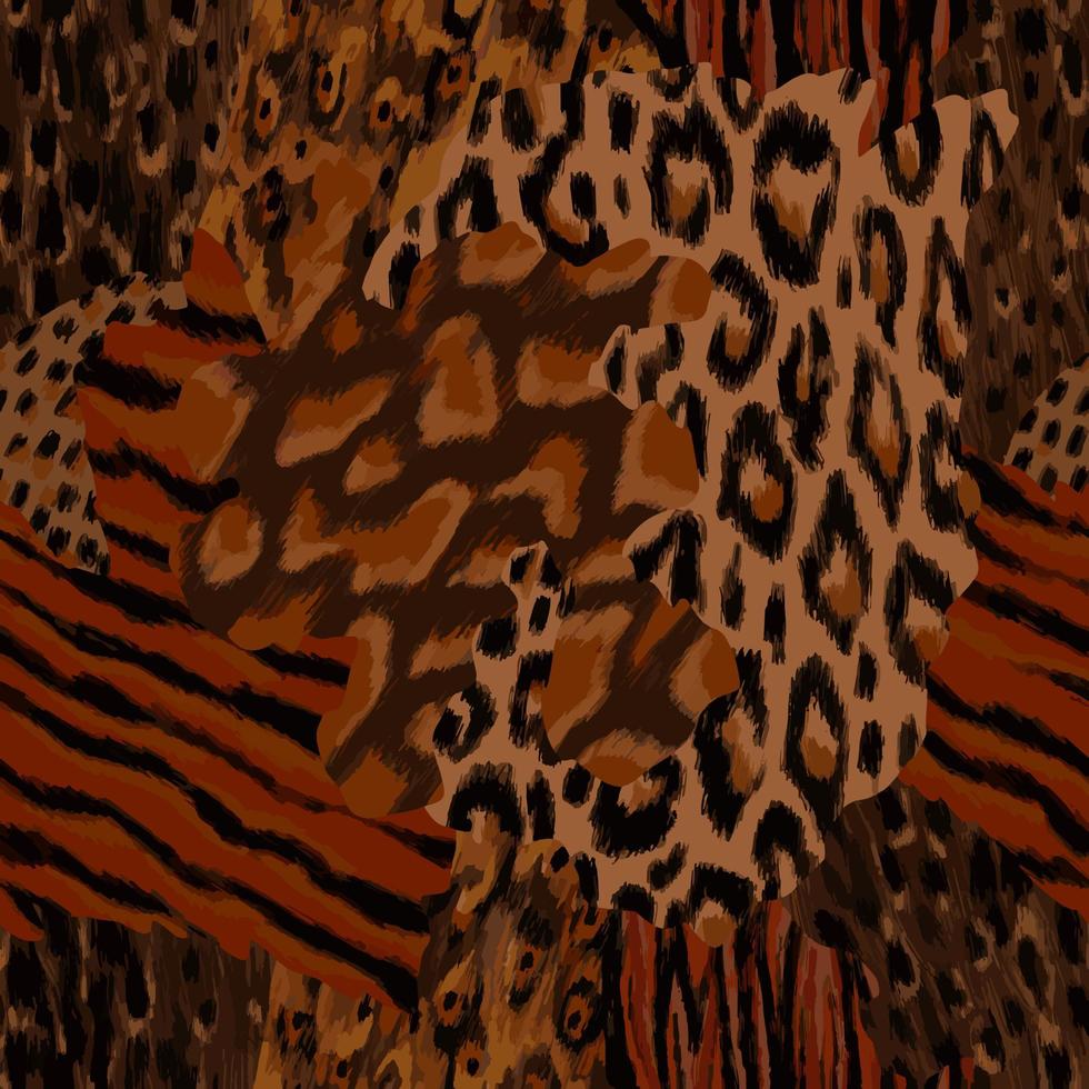 Animal mix pattern. Combined texture of leopard, giraffe, tiger, owl skin print vector