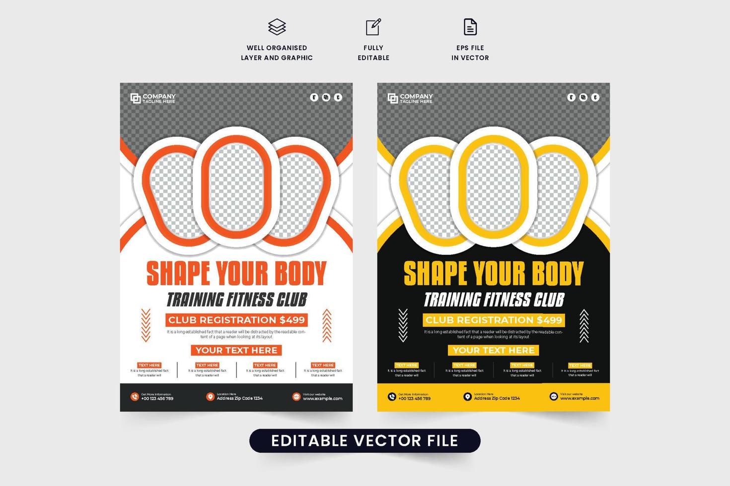 Creative gym management and promotional flyer vector with orange and yellow colors. Fitness training center flyer design for marketing. Professional body fitness business advertisement template vector