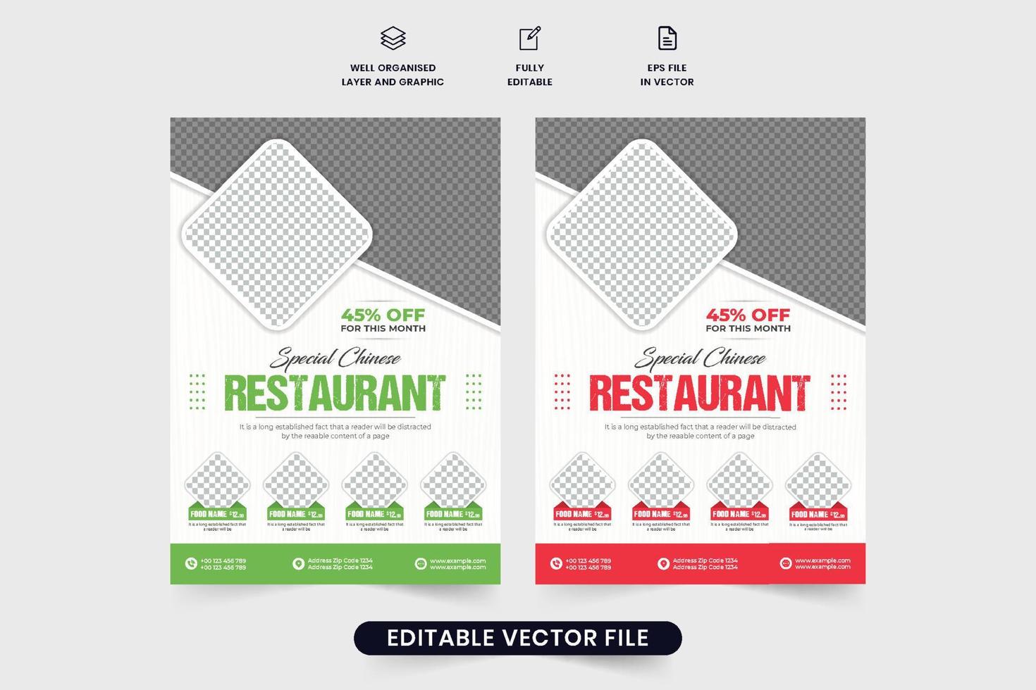 Restaurant food menu promotional flyer design with geometric shapes and photo placeholders. Modern restaurant advertisement flyer vector with green and red colors. Culinary food menu poster vector.