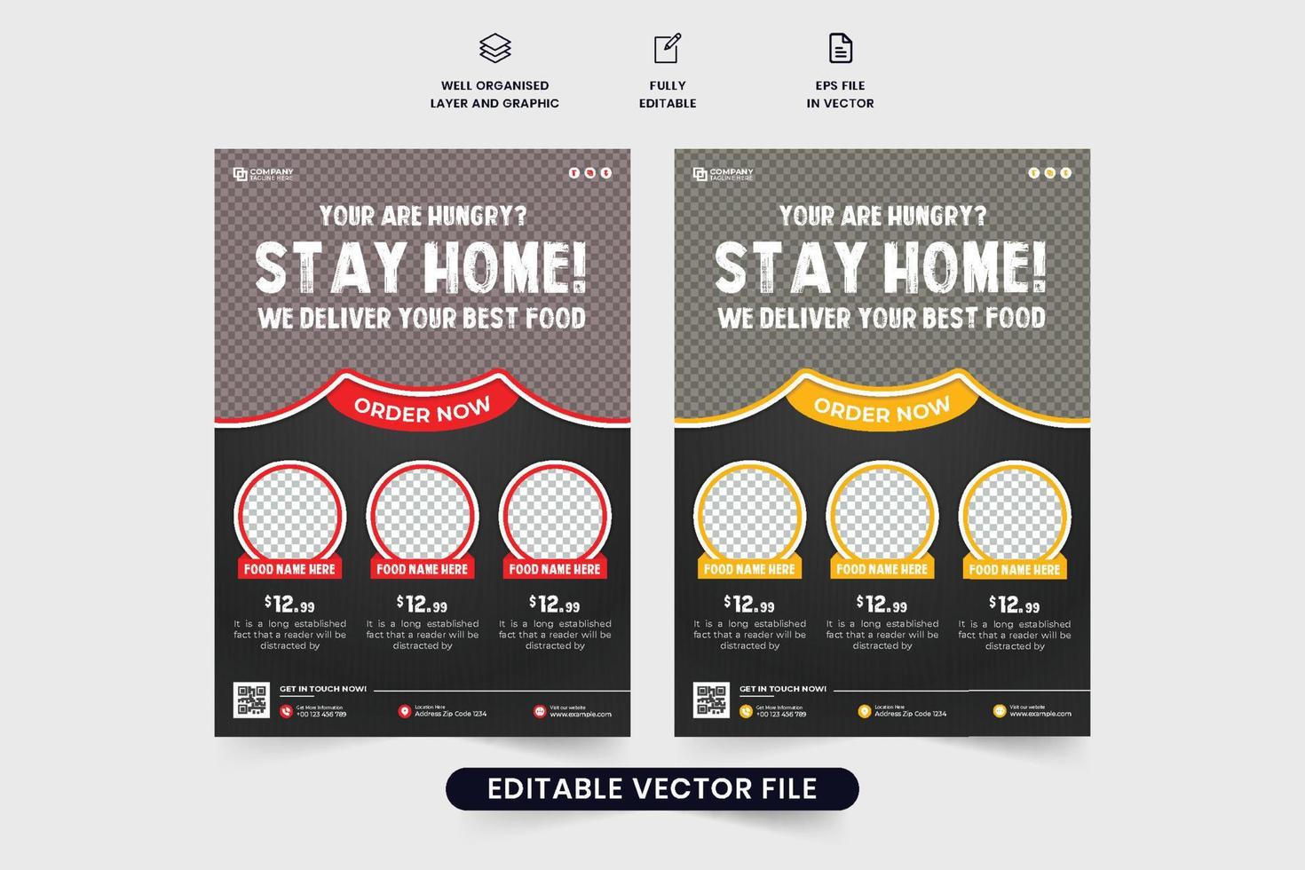 Creative restaurant flyer template vector with red and yellow colors. Restaurant food promotion menu template design on dark backgrounds. Food menu poster and flyer vector with photo placeholders.