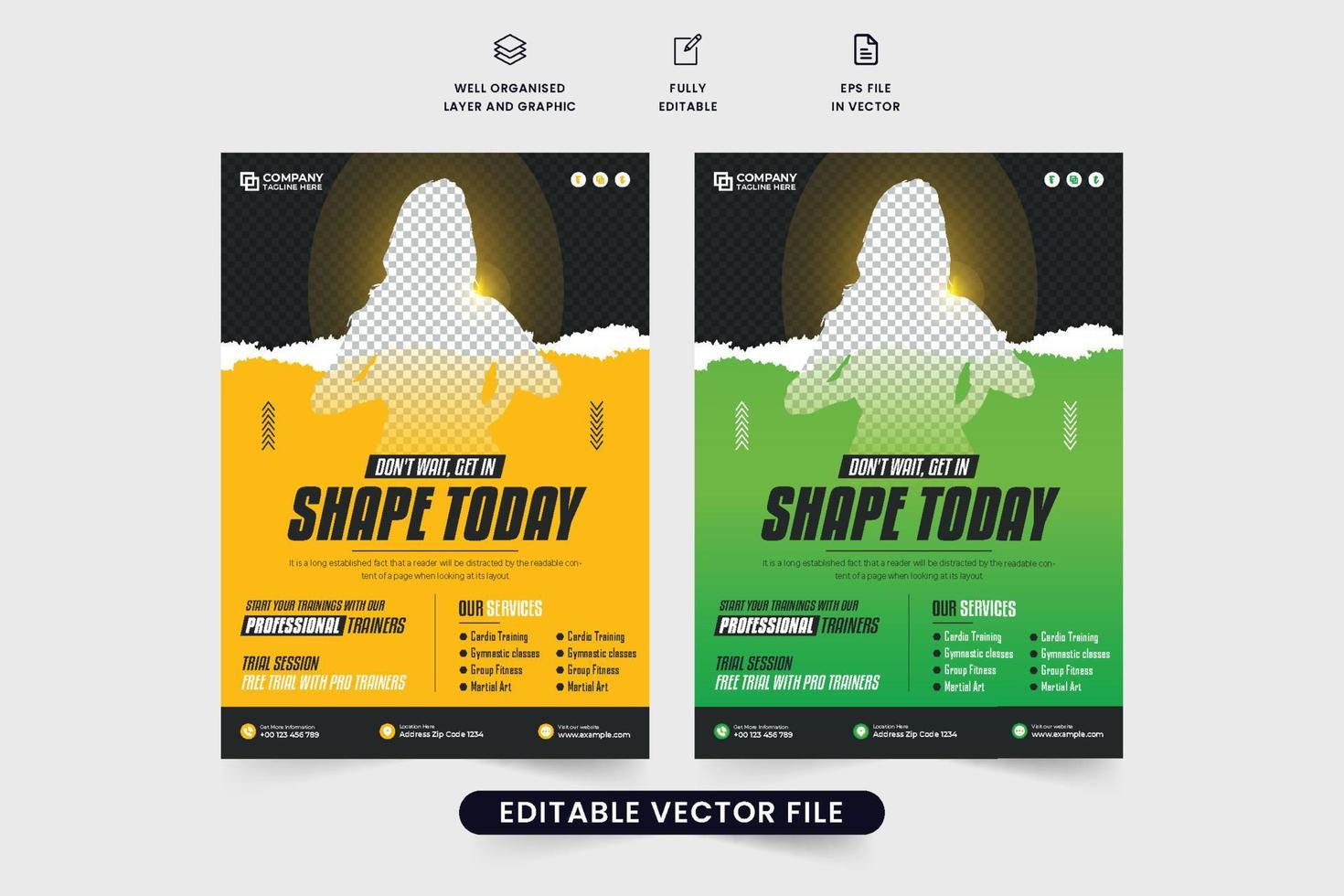 Fitness gym center promotional poster and flyer layout vector for marketing. Gym business advertisement flyer template with yellow and green colors. Fitness shop banner design for body building.