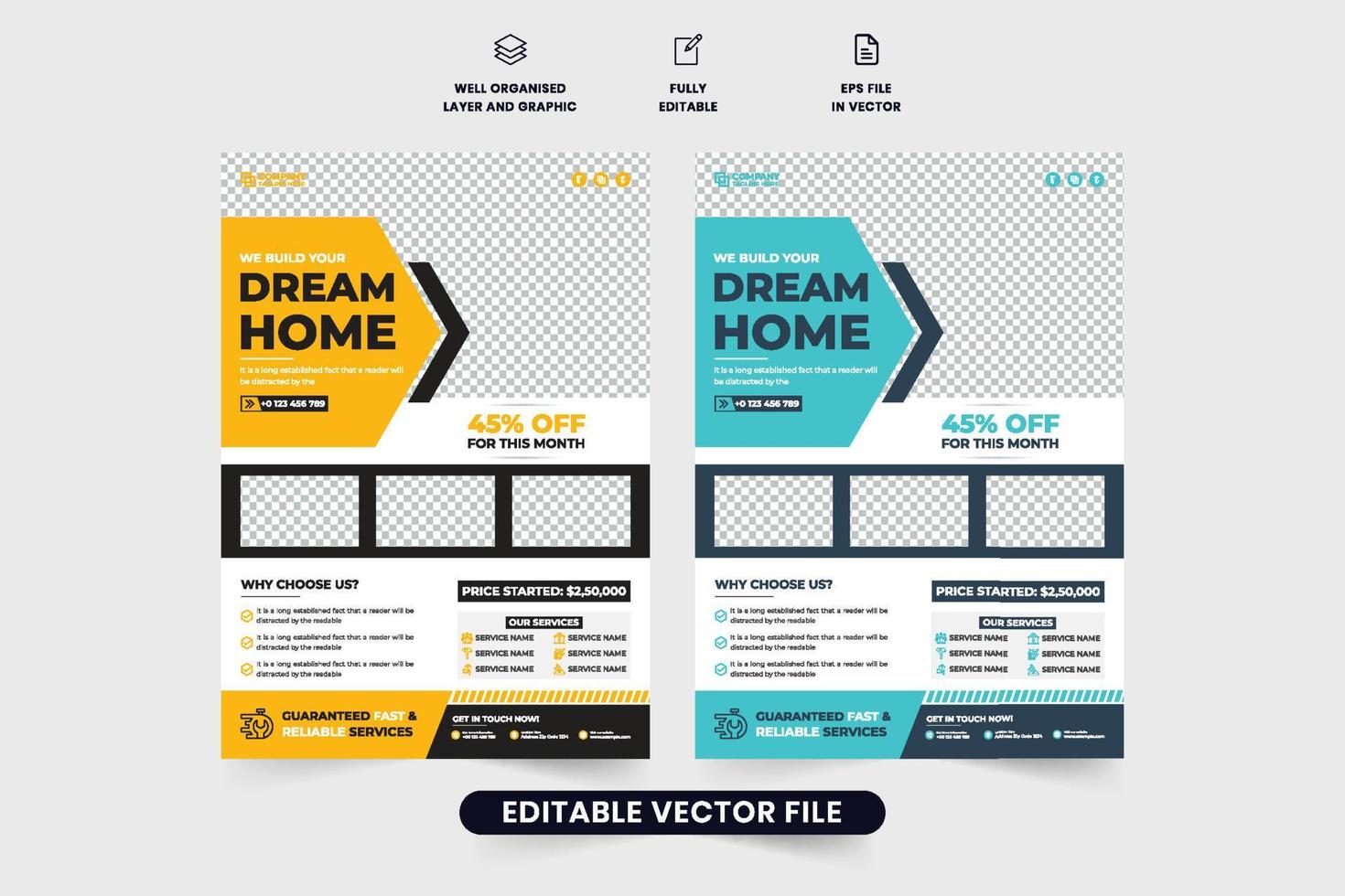 Home construction and renovation service promotional web banner and poster design with yellow and aqua colors. House renovation flyer design with photo placeholders. Real estate home making business. vector
