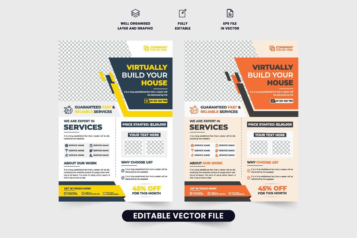 construcción Servicio volantes modelo vector con descuento sección y foto marcadores de posición hogar renovación Servicio volantes diseño con naranja y amarillo colores. personal de mantenimiento Servicio promocional póster vector.