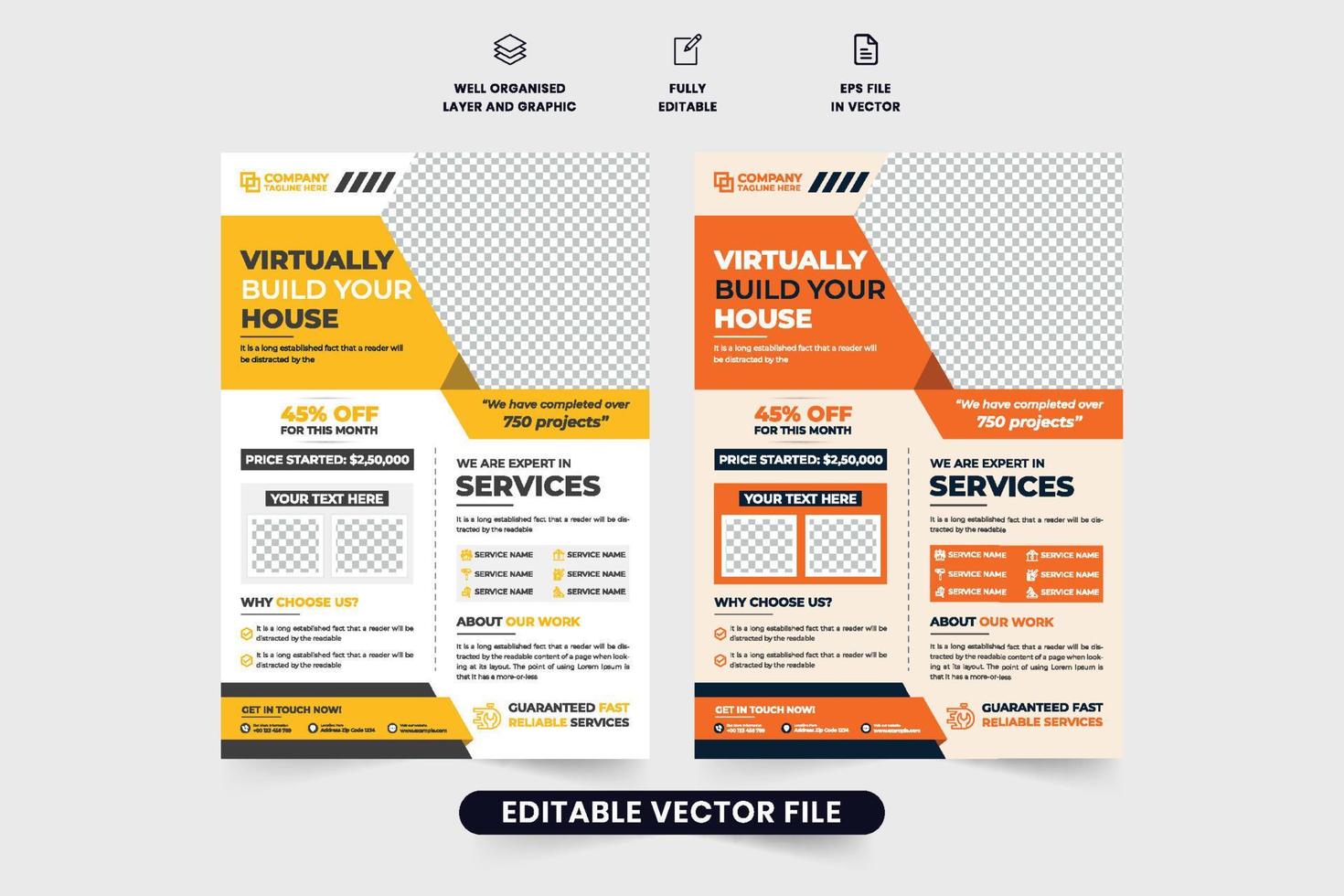 Professional home renovation and house making business flyer vector. Modern real estate business advertisement template design with orange and yellow colors. Construction service poster and flyer. vector