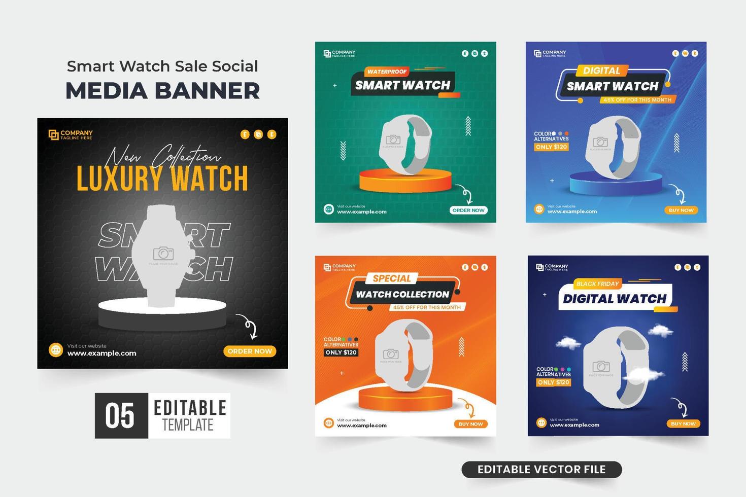 Smartwatch sale web banner and poster template bundle with blue and dark colors. Wristwatch social media post collection for digital marketing. Modern watch business promotional template set vector. vector