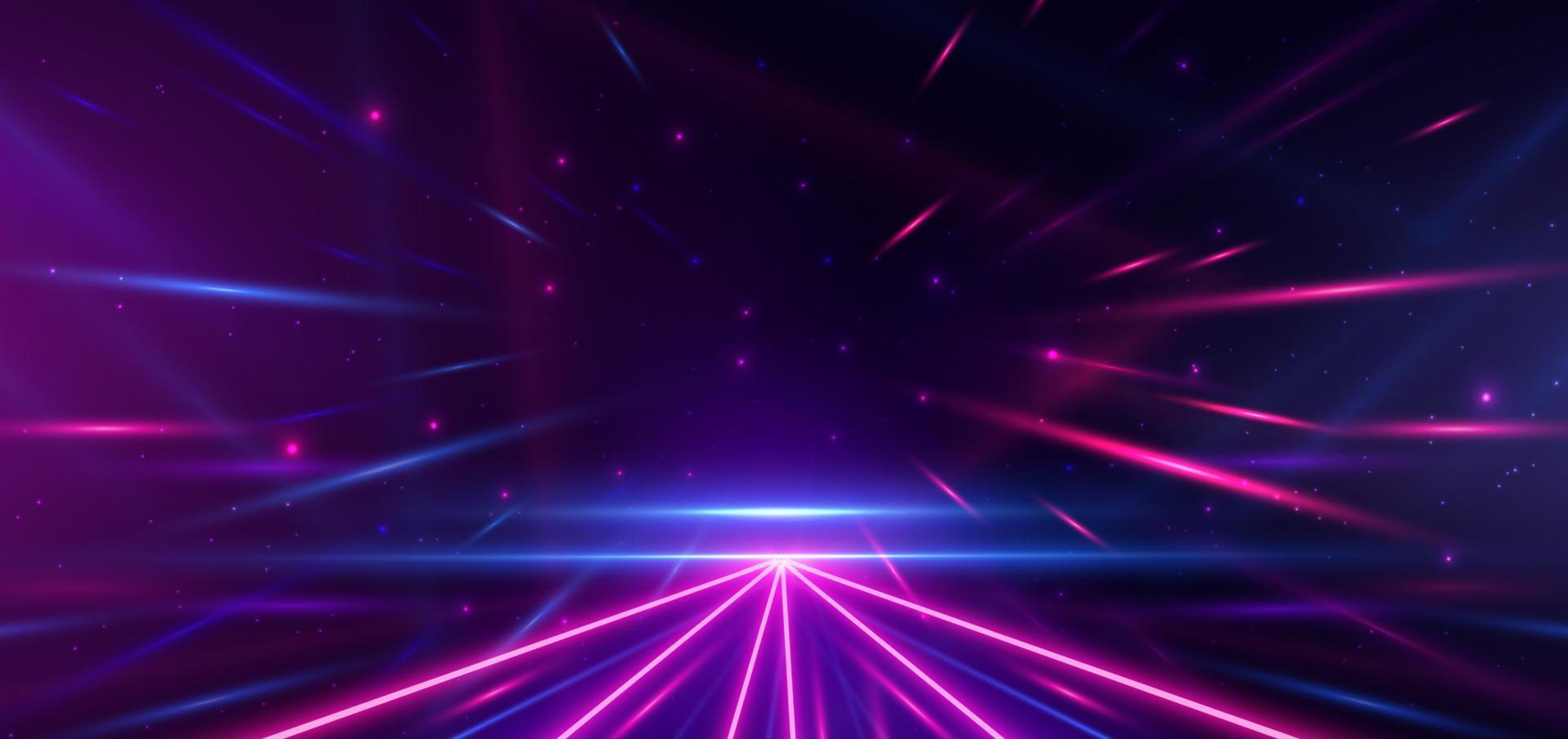 Abstract technology futuristic neon triangle glowing blue and pink  light lines with speed motion blur effect on dark blue background. vector