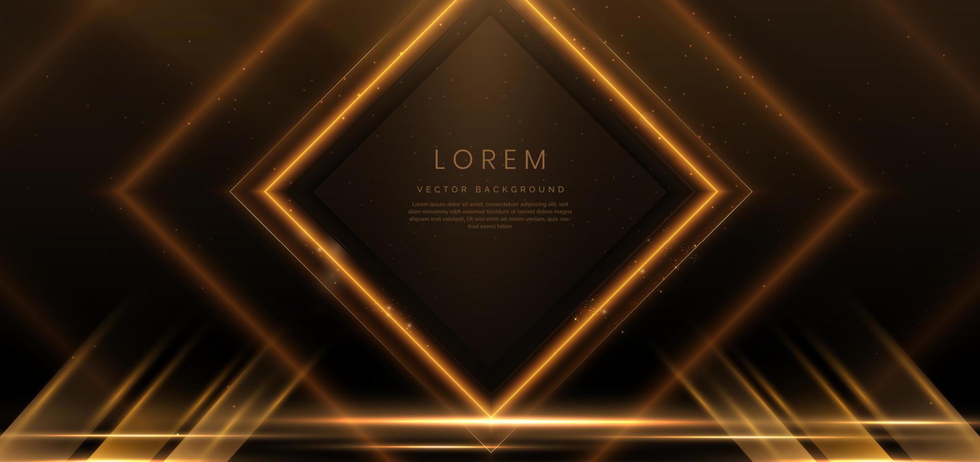 Luxury square frame golden glitter effect glowing on black background with lighting effect sparkle. vector