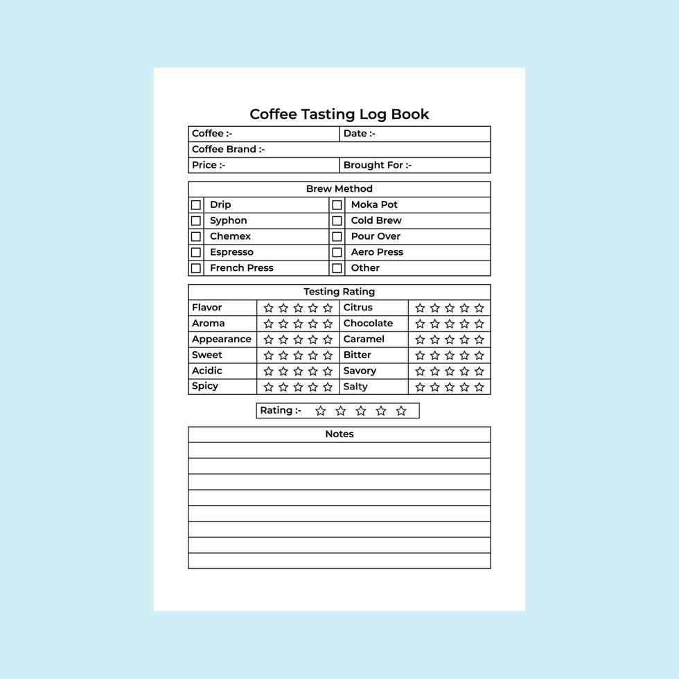 Coffee testing log book interior. Coffee quality and taste tracker journal template. Notebook interior. Coffee taste rating and brewing instruction logbook interior. vector