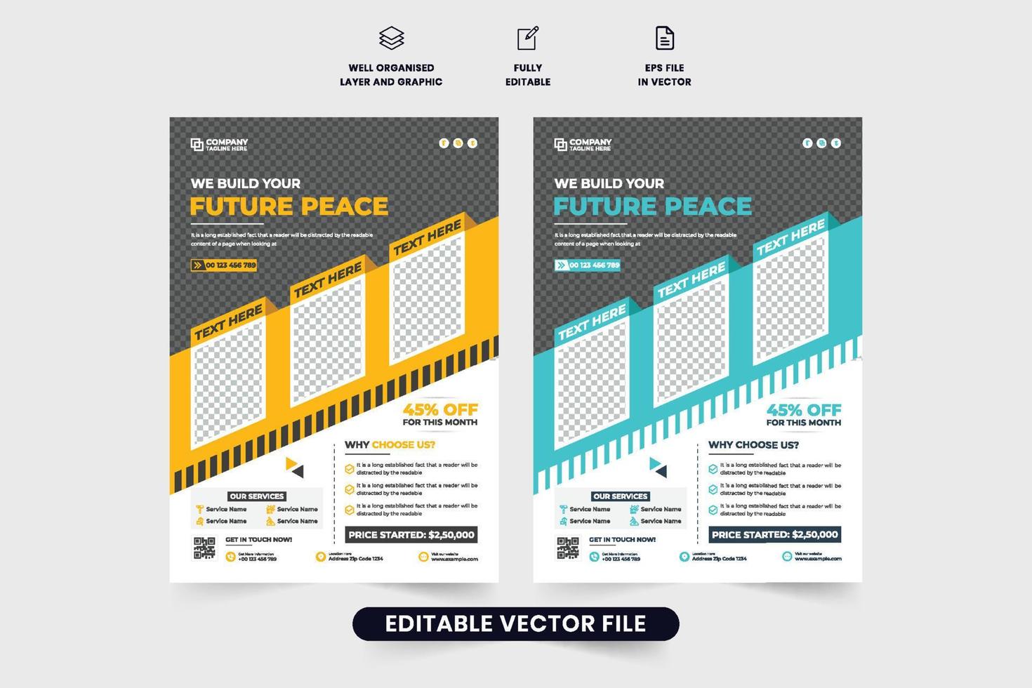 construcción volantes diseño con amarillo y agua colores. moderno hogar mantenimiento Servicio anuncio bandera y póster vector con foto marcadores de posición personal de mantenimiento Servicio promocional volantes diseño.