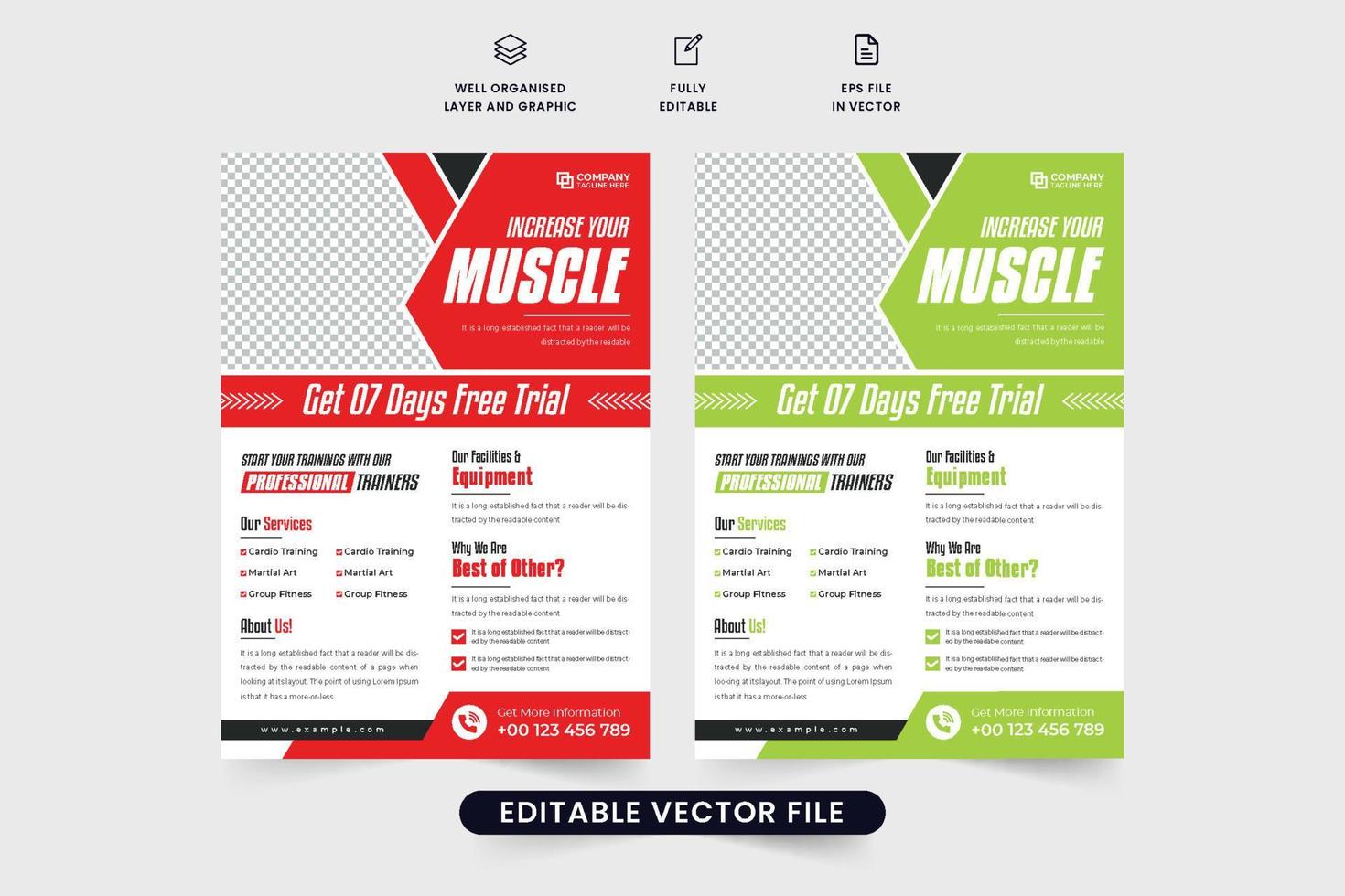 Professional gym training service promotional flyer vector with green and red colors. Fitness and bodybuilding center advertisement poster design with photo placeholders. Gym business marketing flyer.