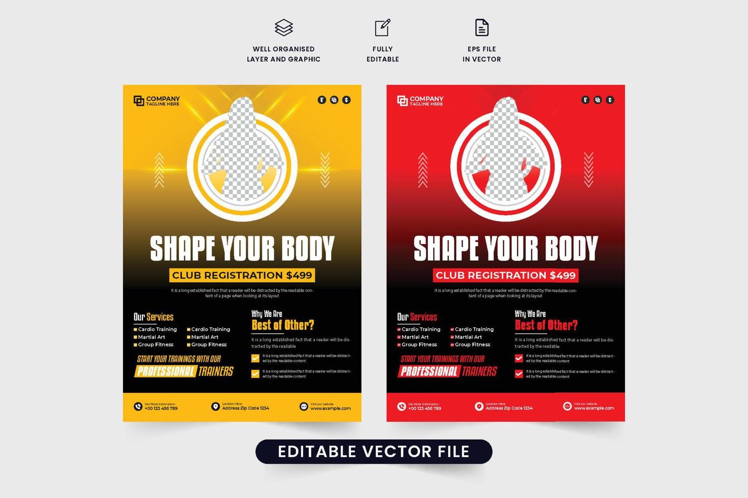 Fitness club service and training center flyer vector with photo placeholders. Gym flyer template layout is designed with yellow and red colors. Bodybuilding training center business promotion flyer.