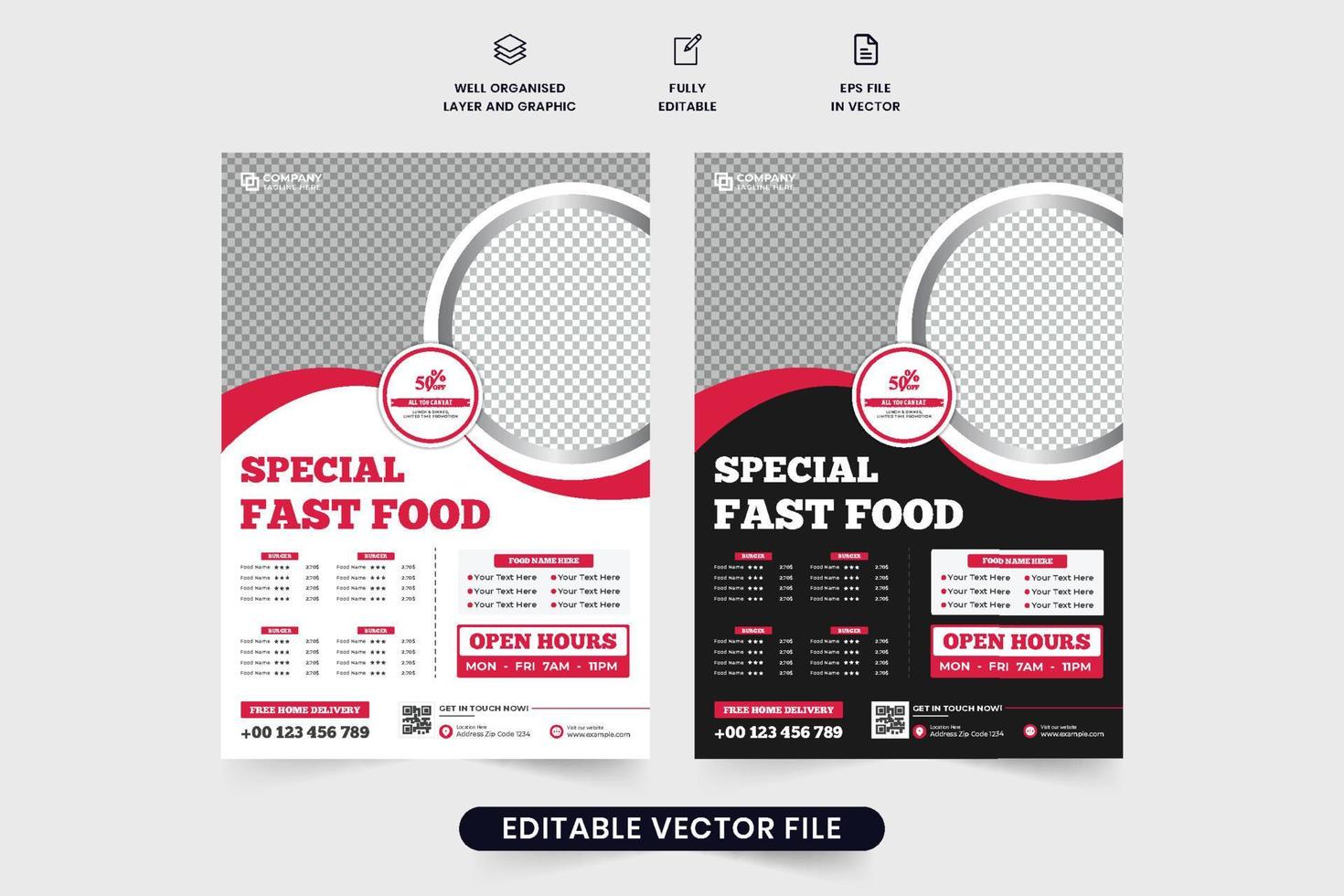 Modern restaurant flyer template for advertisement and marketing. Food menu banner and poster vector with red and yellow colors. Restaurant business promotion flyer template design.