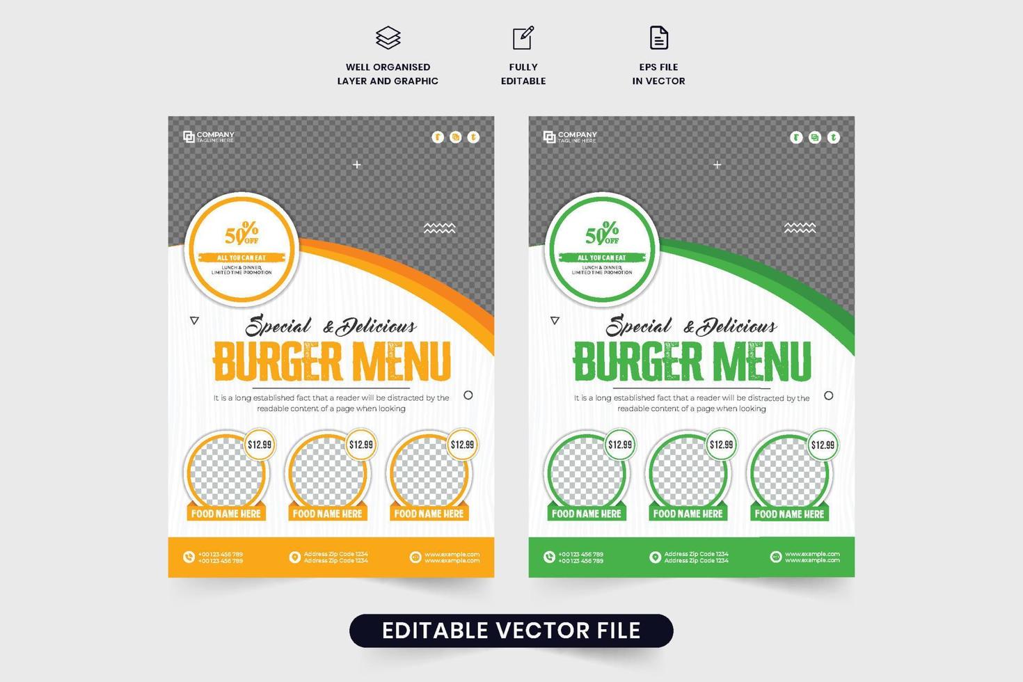 Restaurant special offer template design for marketing. Delicious food menu flyer template vector with photo placeholders. Restaurant promotion poster and flyer design with yellow and green colors.