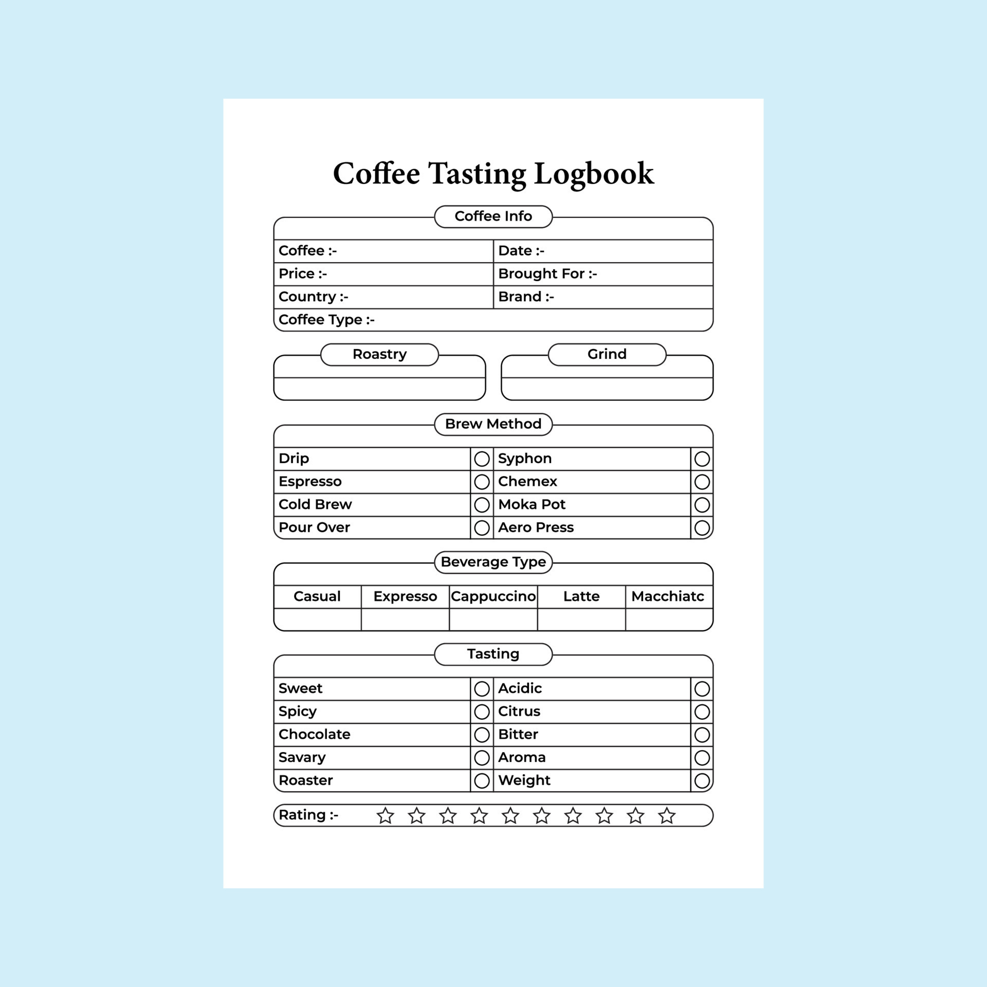 Coffee information log book interior. Coffee taste and beverage type