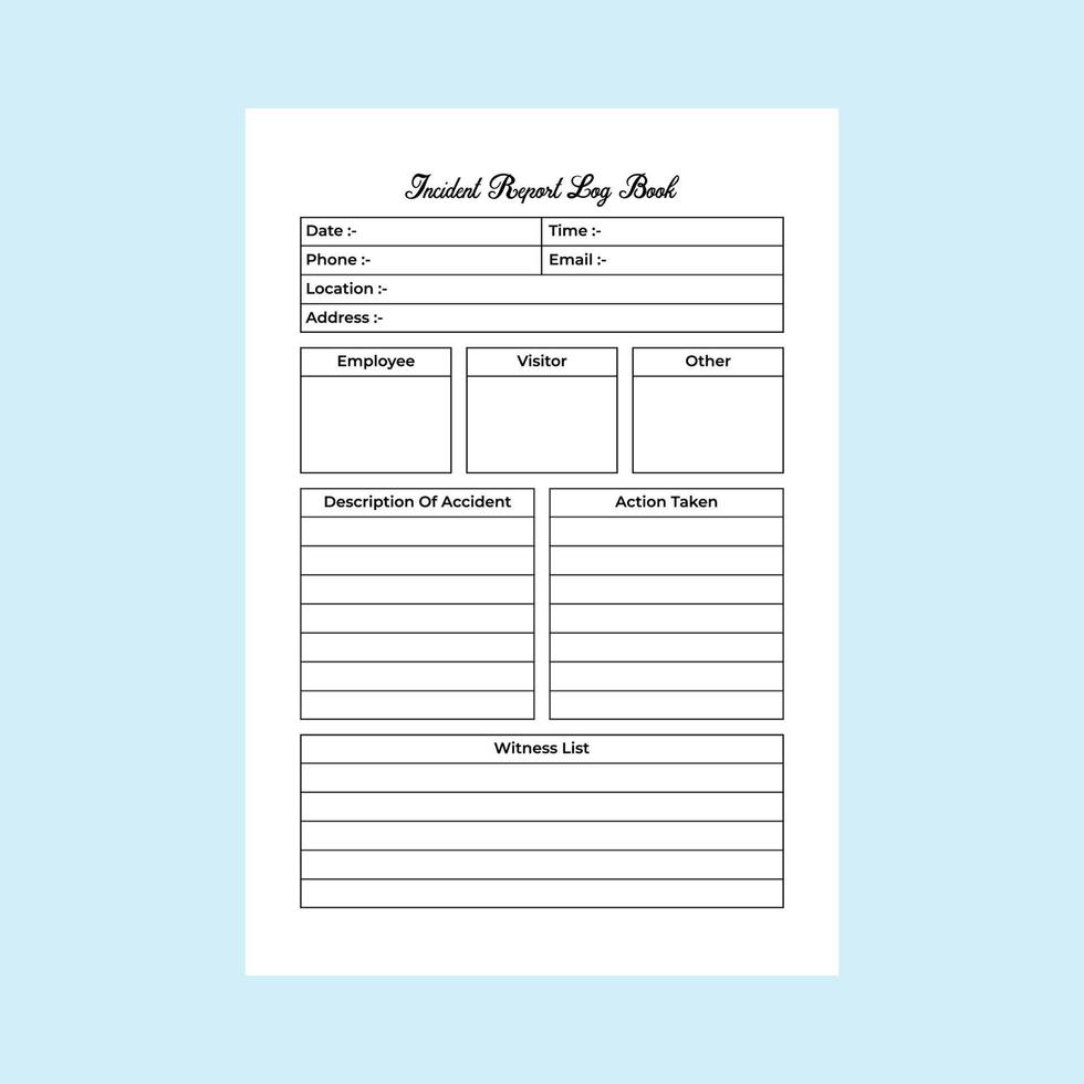 Incident report log book interior. Official or business incident tracker and report notebook template. Journal interior. Incident information and witness list checker interior. vector