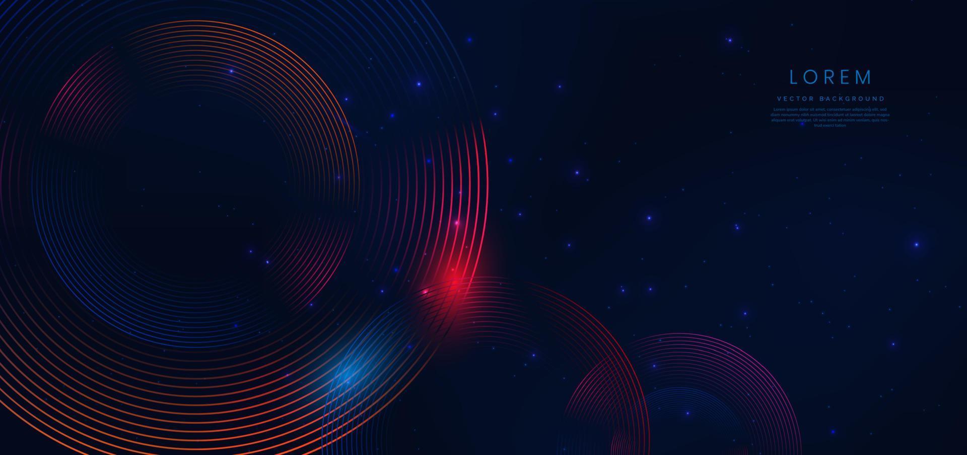 Abstract technology futuristic neon circle lines glowing blue and red light lines on dark blue background with lighting effect sparkle. vector