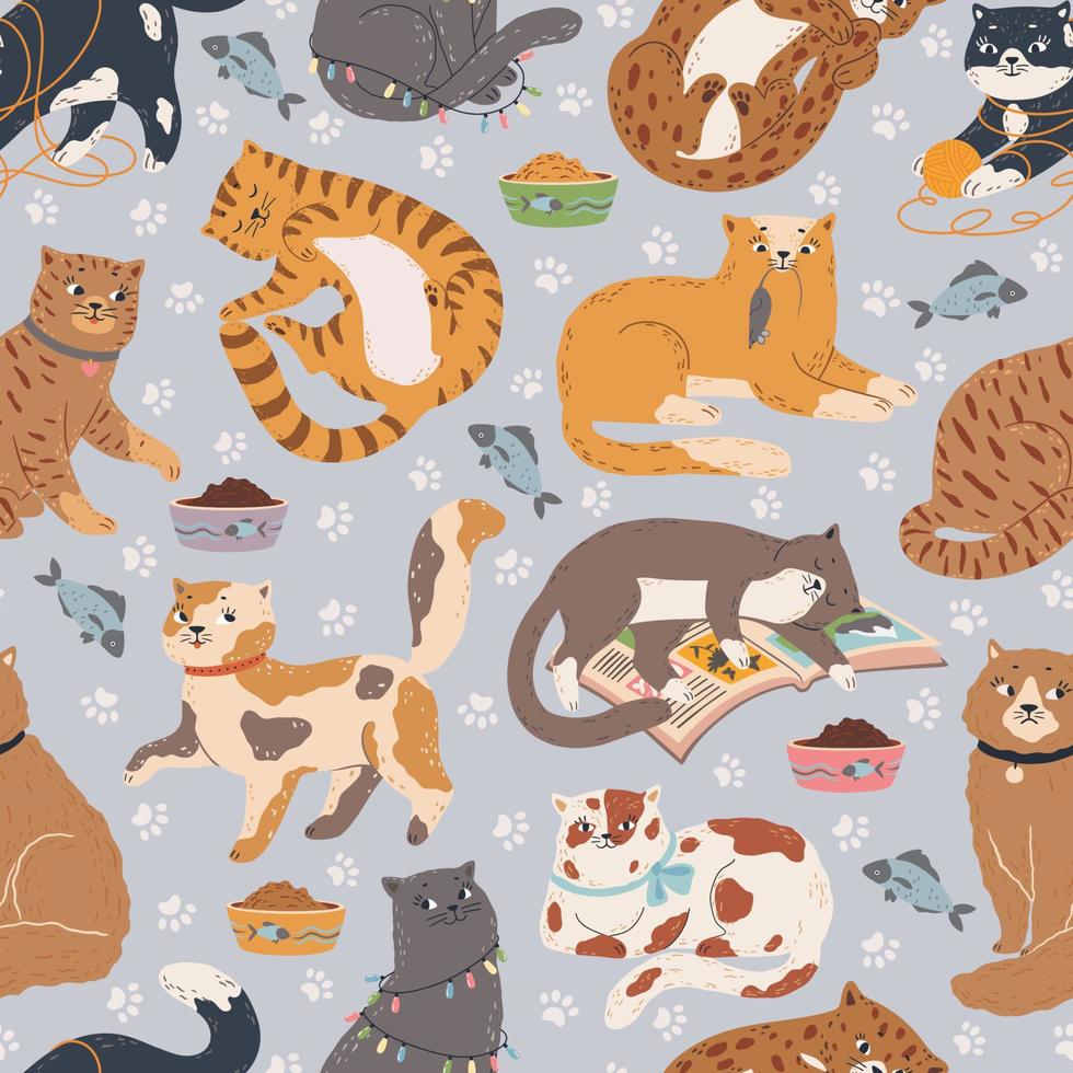 Cats seamless pattern. Cute cat sleeping, playing with toys, sitting. Cartoon pet animal background with funny kittens vector texture