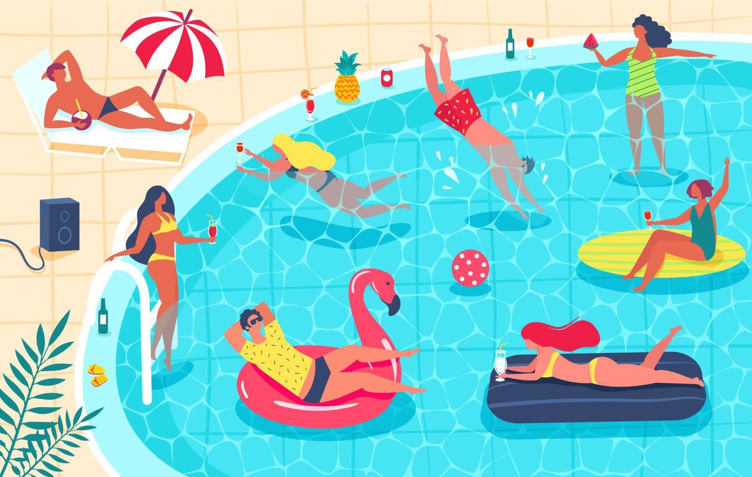 nadando piscina fiesta. hombres y mujer en traje de baño broncearse, Bebiendo cócteles, relajante. verano fiesta, agua actividad vector ilustración