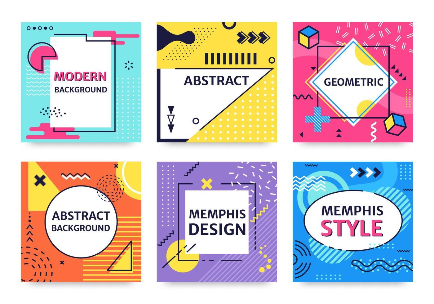 Memphis card. Funky abstract poster with geometric shapes, textures, graphic elements. Retro 90s pop art style background vector set