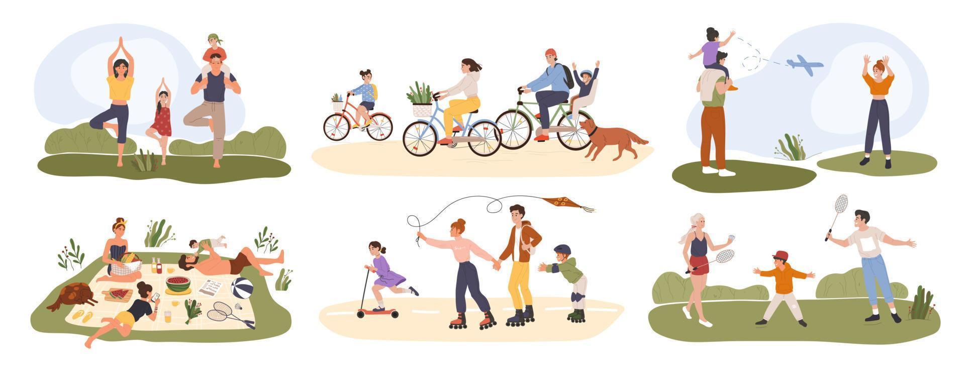 Family outdoor activity. Parents and children spending time together. Having picnic, doing yoga, cycling. Family summer activities vector set