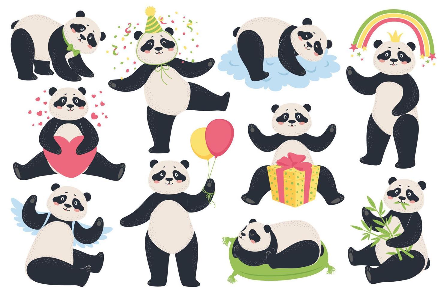 linda panda. dibujos animados gracioso pandas comiendo bambú, durmiendo, sesión, participación globos contento asiático osos mascota en diferente poses vector conjunto