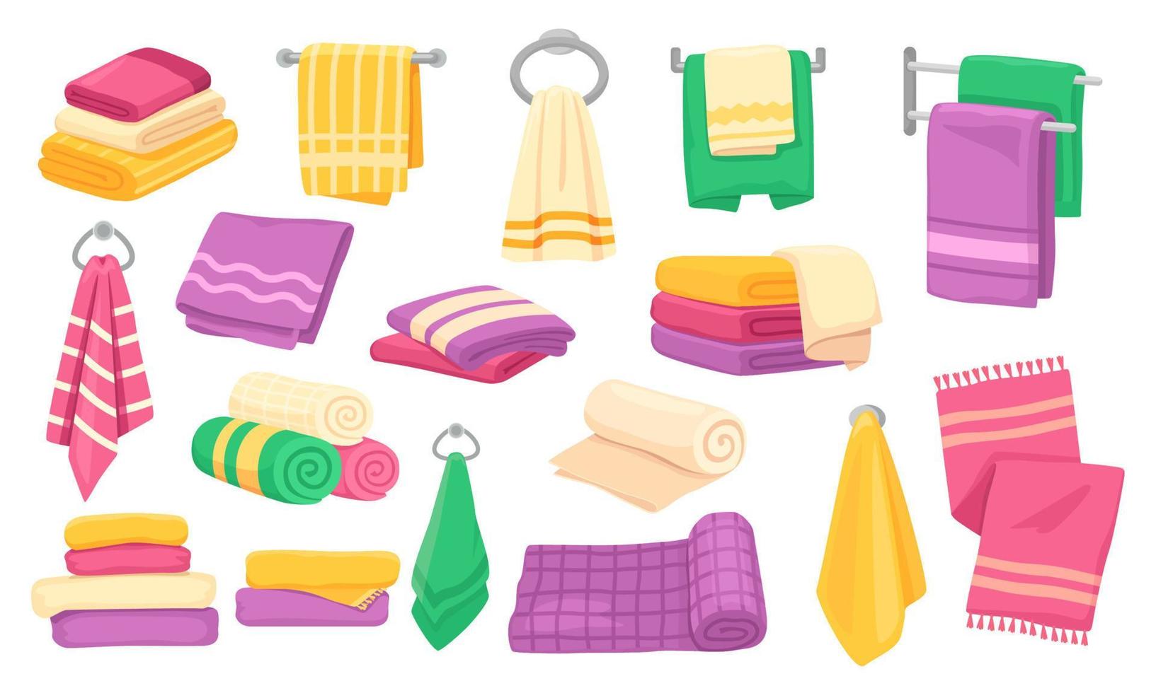 Towel. Cartoon bath rolled towel pile, folded stacked towels, hanging kitchen microfiber clothes. Bathroom cotton fabric towel vector set