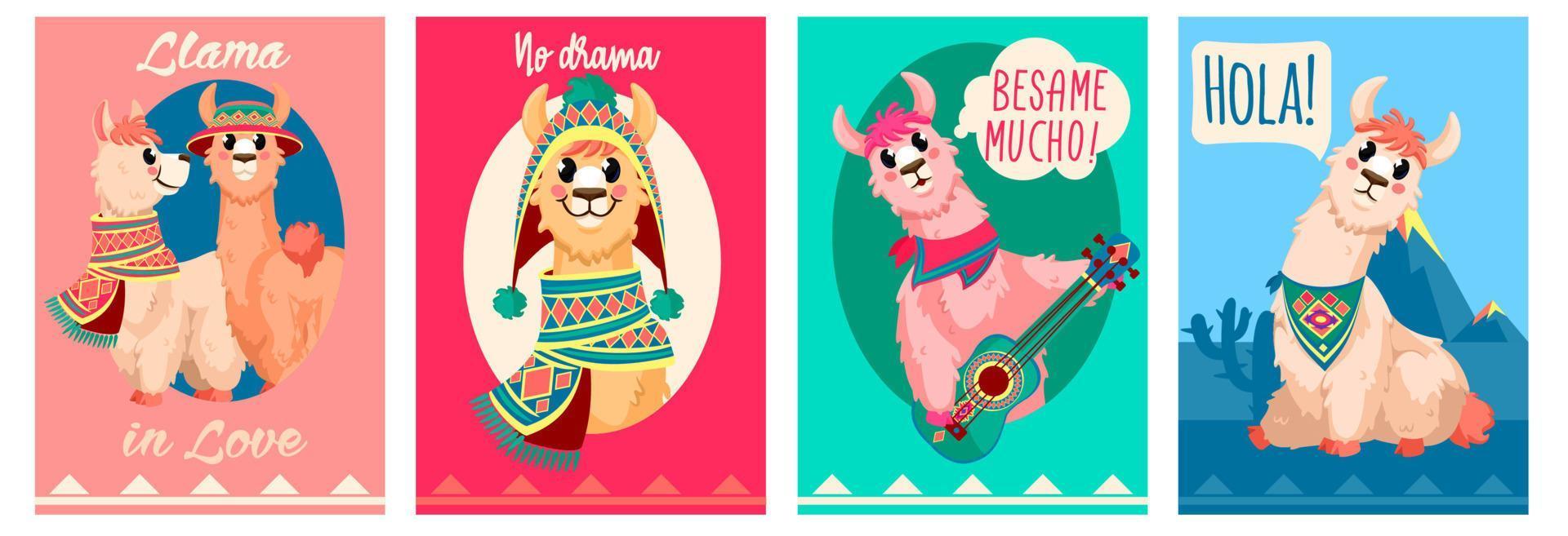 llama tarjeta. gracioso alpaca diseño con motivacional de moda citas. lama en peruano ropa fiesta invitación tarjetas vector plantillas