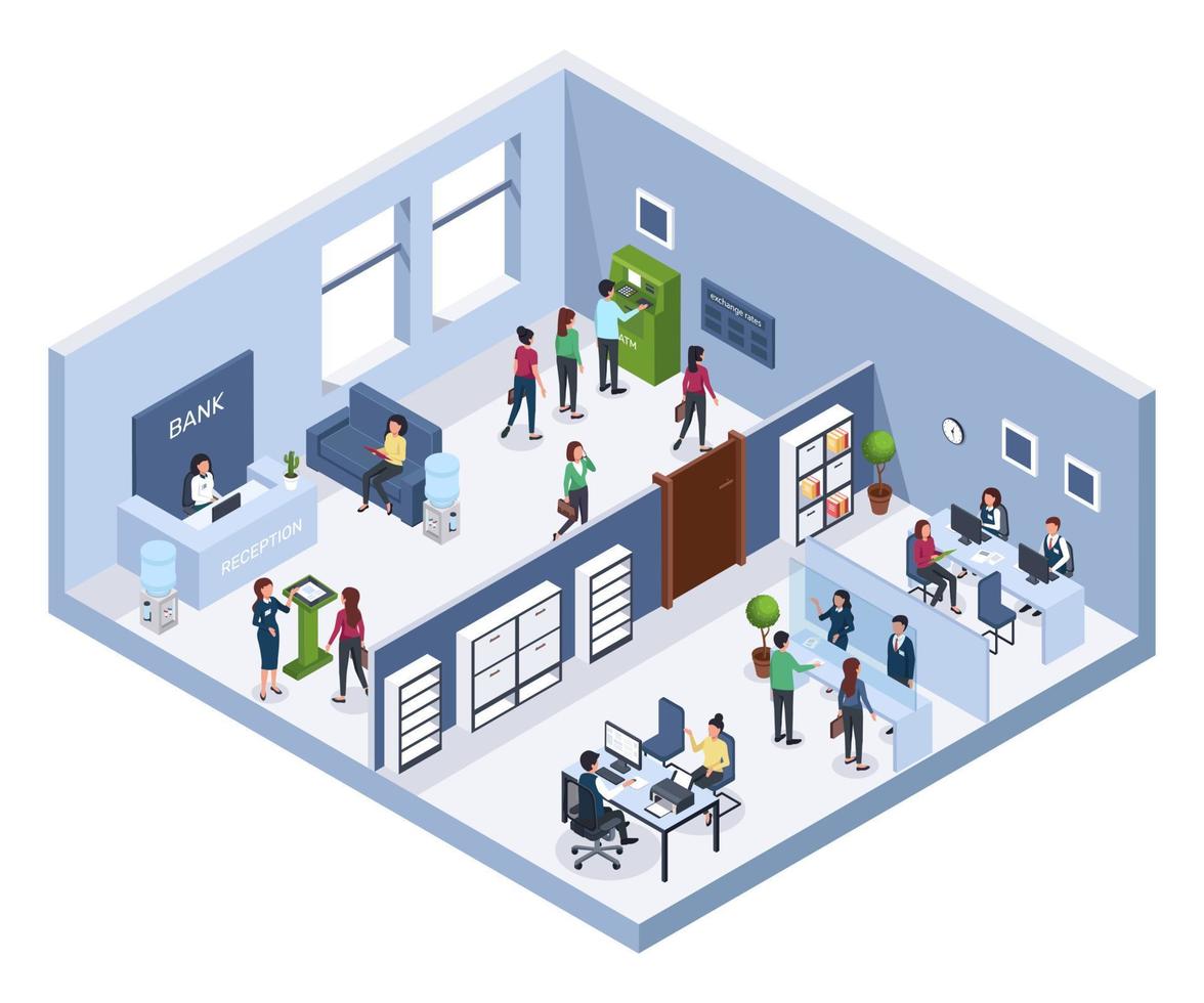 Isometric bank office. Reception, waiting area, atm. Finance consultants with clients. Bank interior with clients and employees 3d vector concept
