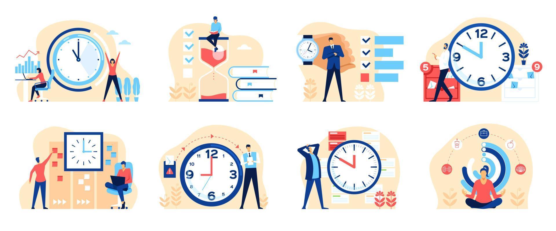 Time management. Productive business people organizing their time. Effective work planning, multitasking concept with clocks and hourglass vector set