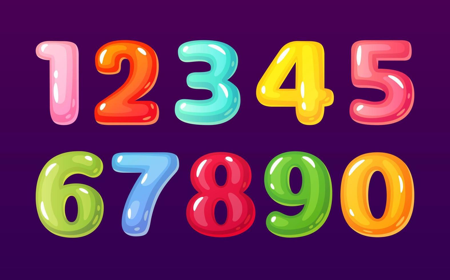 Cartoon numbers. Cute comic bubble alphabet mathematical symbols for children. Colorful candy, jelly math figures. Funny kid school number vector