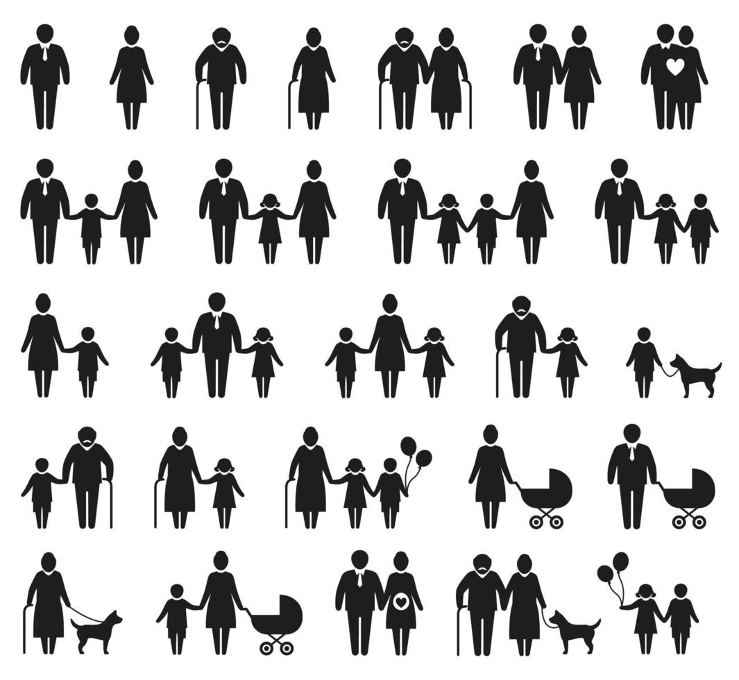 Family icons. Man, pregnant woman, elderly people, single mother or father with newborn baby. Parents with children and pets vector set