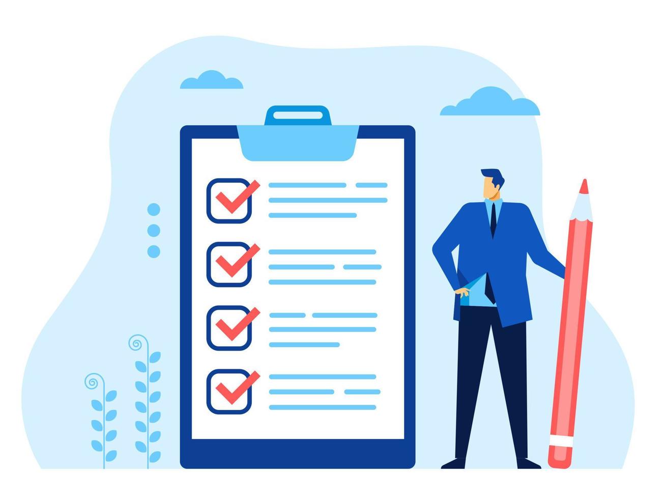 Businessman checklist. Office worker with pen looking at completed checklist. Successful business task planning, goal achievement vector concept